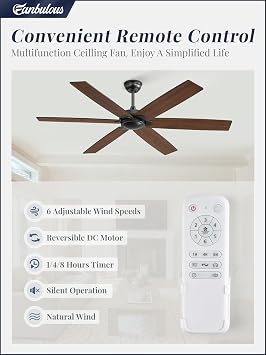 Fanbulous 60 inch Ceiling Fan No Light with Remote | Without Light, Remote Control, Flush Mount Low Profile, Quiet DC Motor & Reversible, Indoor/Outdoor