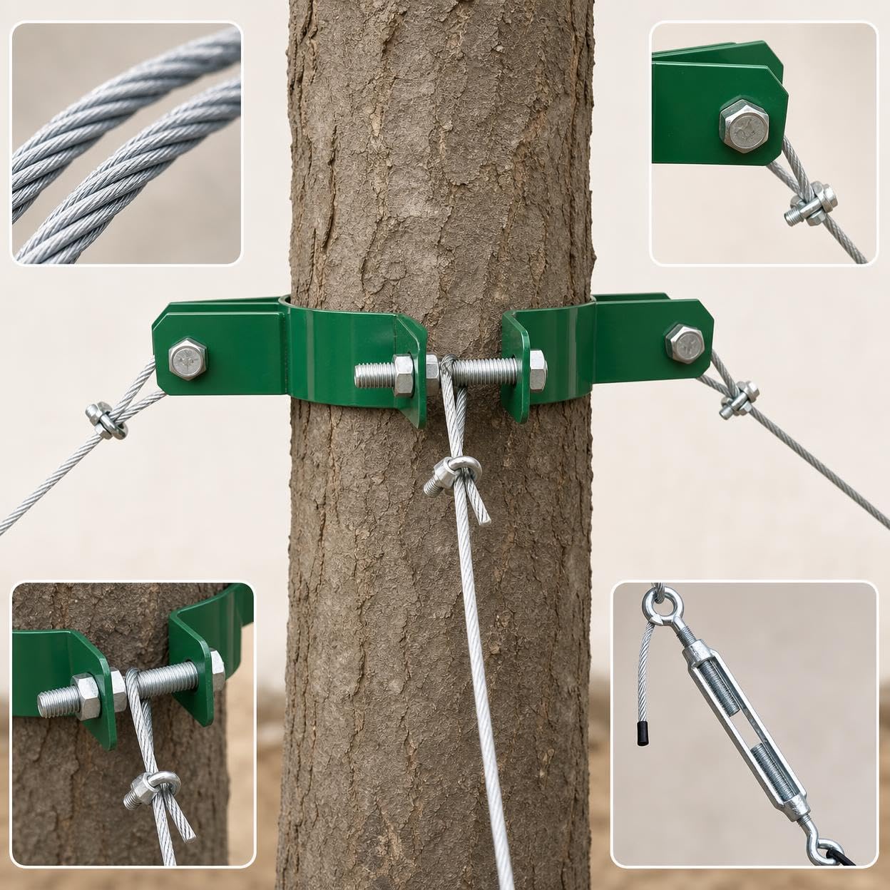 Kit Fijación para Árboles con Cuerda Metálica y Tensores - Protege Árboles Inclinados y Recién para Jardines, Color Original galvanizado, 3 Metros