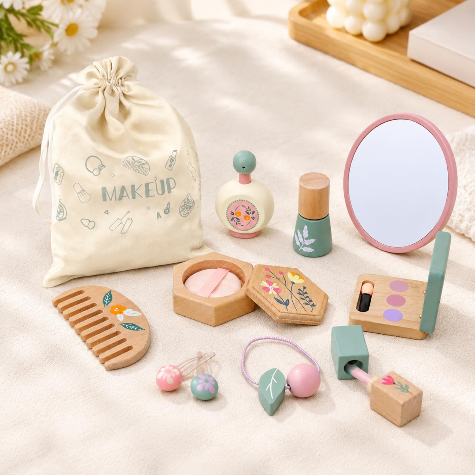 Kit Trucco in Legno per Bambini con Borsa a Coulisse Sicuro Set di Trucchi Finto con Trousse Completo Giocattolo per Apprendimento Precoce,