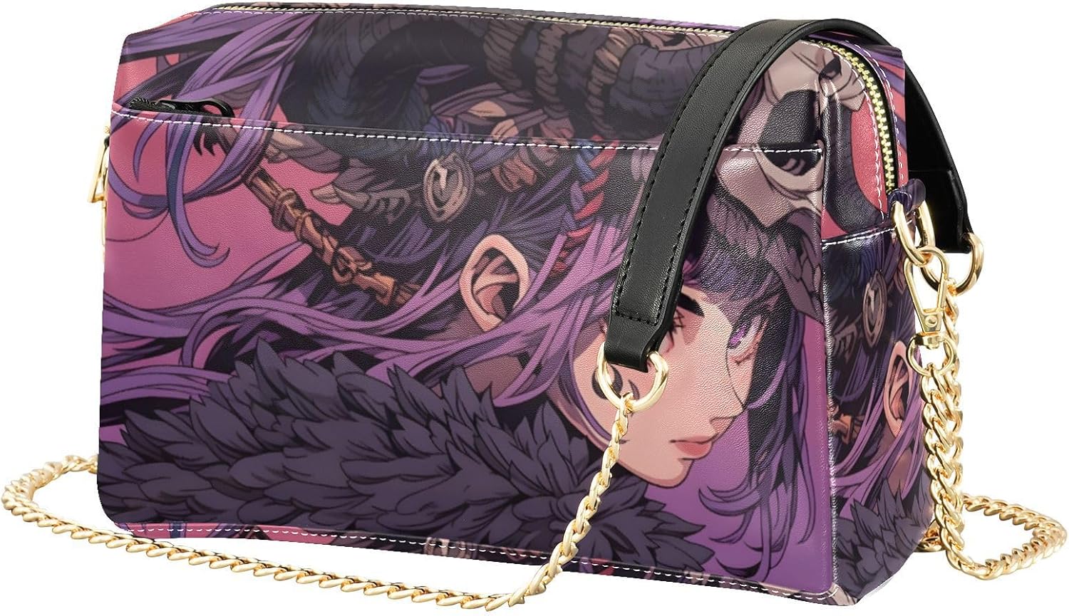 Women Crossbody Bag Shoulder Handbag Cellphone Purse PU Leather Metal Chain Strap Water Resistant Zipper Closure Anime Tribal Woman Print