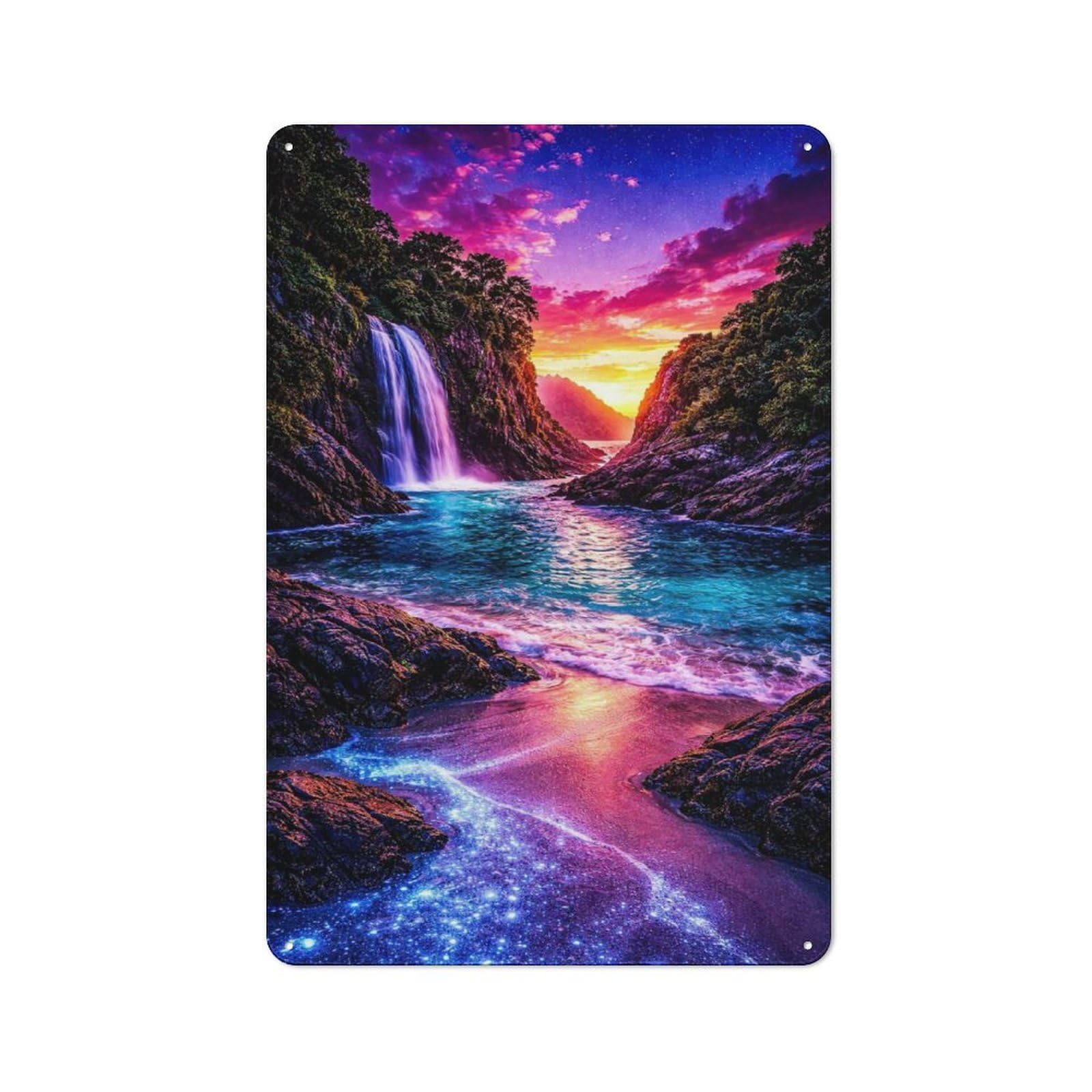 Junmoney Style-11 Casual Bioluminescent Beach Waterfall At Sunset Shed Metal Sign 30X20cm, Utility Space Decor For Shed, Garden Room, Porch Or Garage