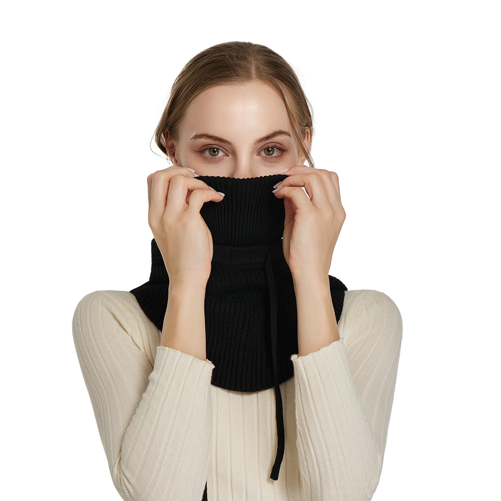 Facecozy Sturmhaube aus Strick für Damen Herren Wintermütze mit Gesichtsmaske Atmungsabweisende Ski-Maske Halstuch Mütze Damen Winter (Schwarz)