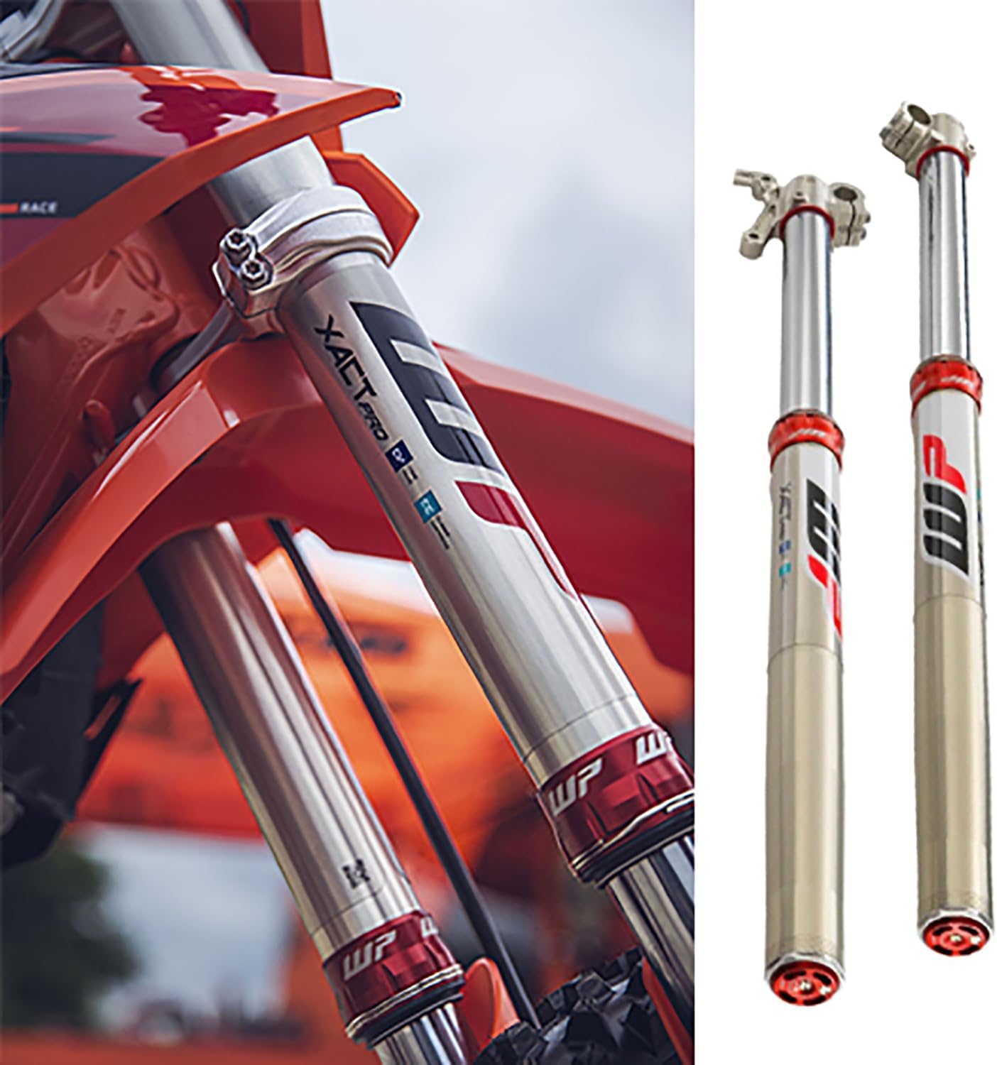 WP XACT PRO forks installed on a dirt bike, with an inset showing the forks separately.