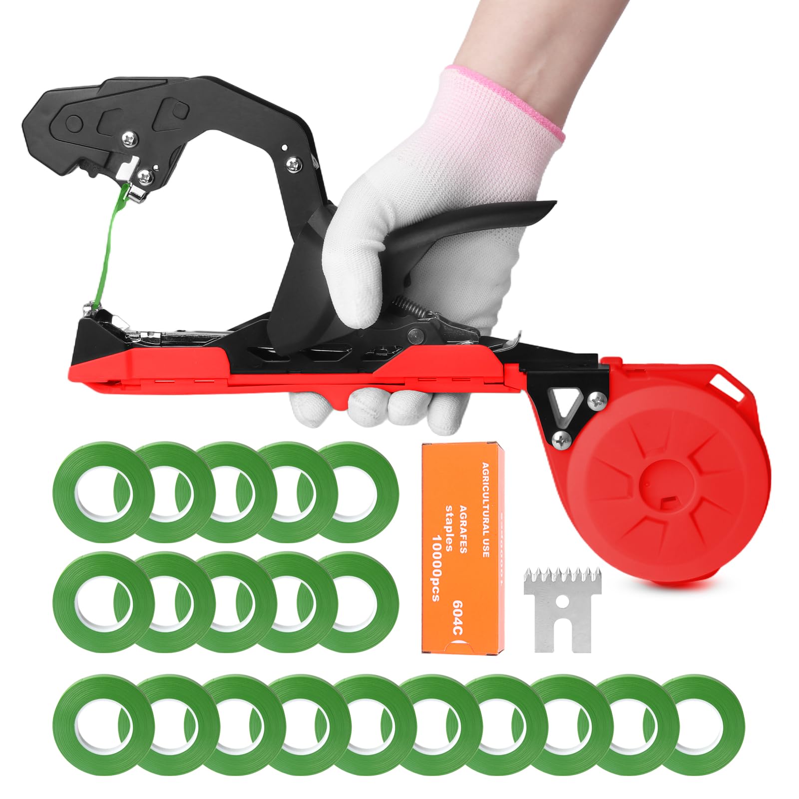 Legatrice per Piante Pomodori, 420g Macchina per Legare Le Piante per Pomodori Cetriolo Vigneto con 10000 pz Graffette 20 Rotoli Nastro Verde SJ-8108R