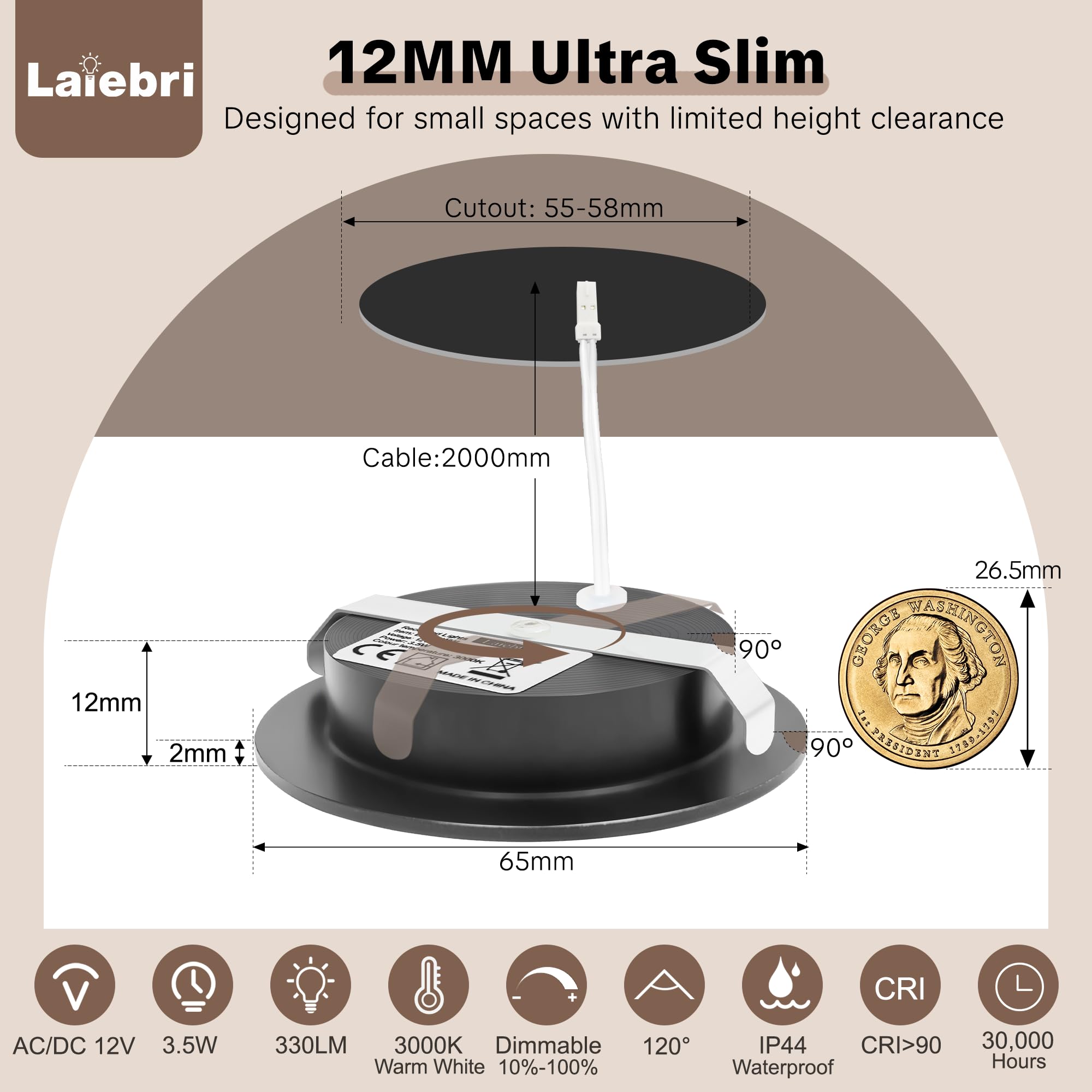 3 x Downlight LED Techo Empotrable 12V, 3000K 3.5W 330LM Aluminio Focos LED Interior Techo Regulable, Foco Empotrable Agujero 55-58mm, IP44 Ojos de Buey para Autocaravana Muebles, Negro