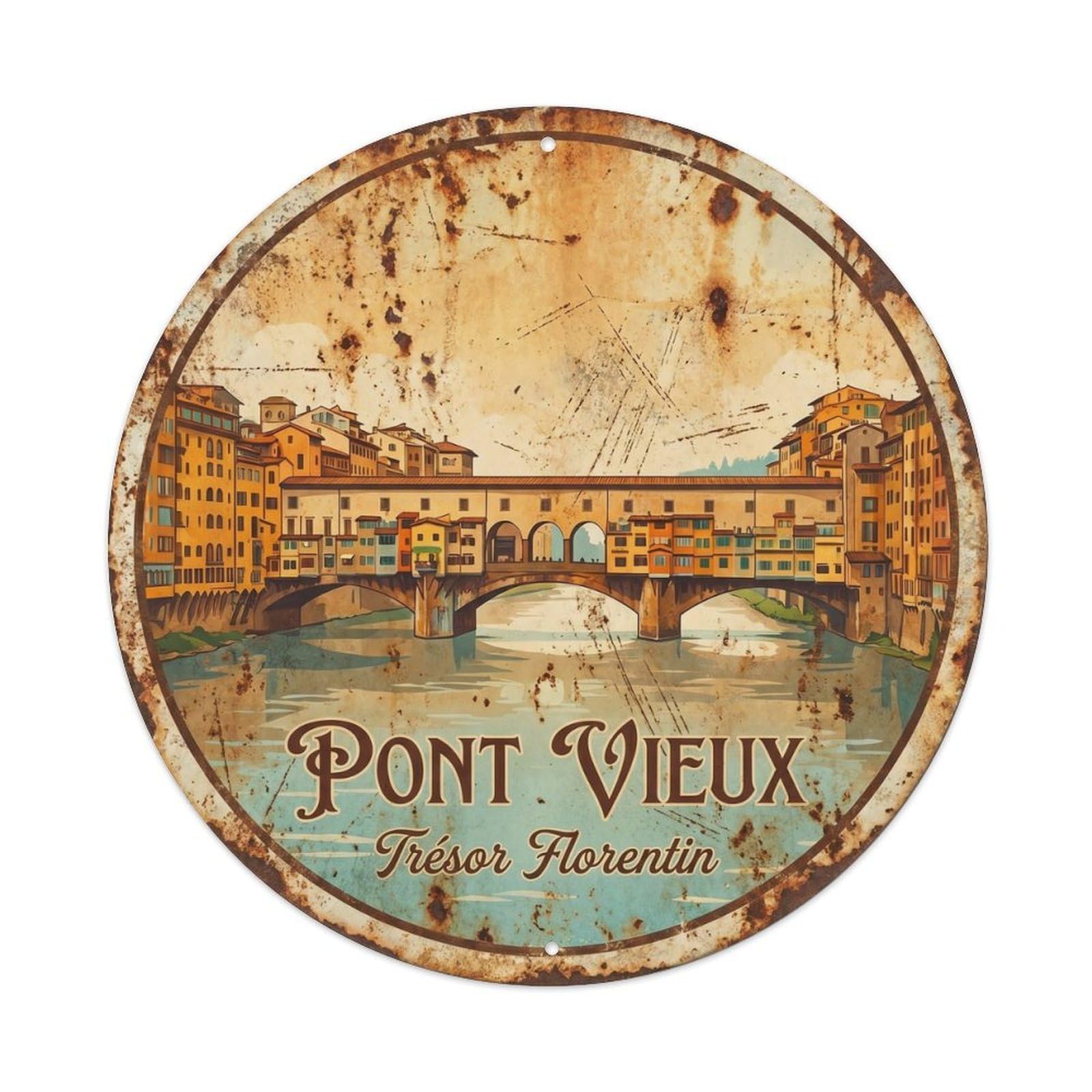 Vintage Travel Ponte Vecchio Florence Bridge Metal Tin Sign Plaque Wall Decor for Cafe, Club, Garden Round Metal Poster 8x8Inch
