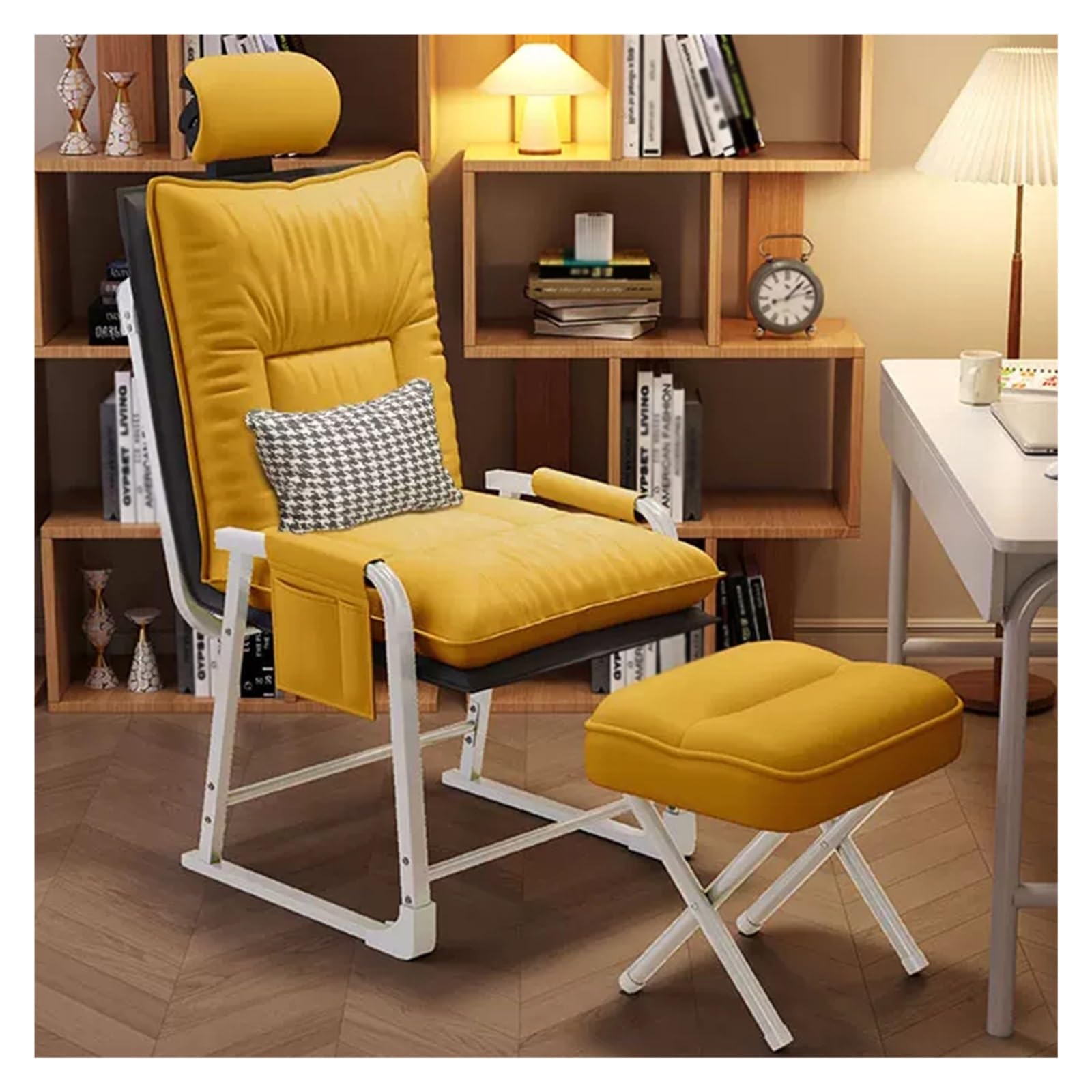 WIGSELBL Ergonomiczne krzesła biurkowe, mały fotel, leniwa pojedyncza sofa krzesło z podnóżkiem i poduszką, tapicerowane krzesło do czytania rekreacyjne z regulowanym oparciem i bocznymi kieszeniami