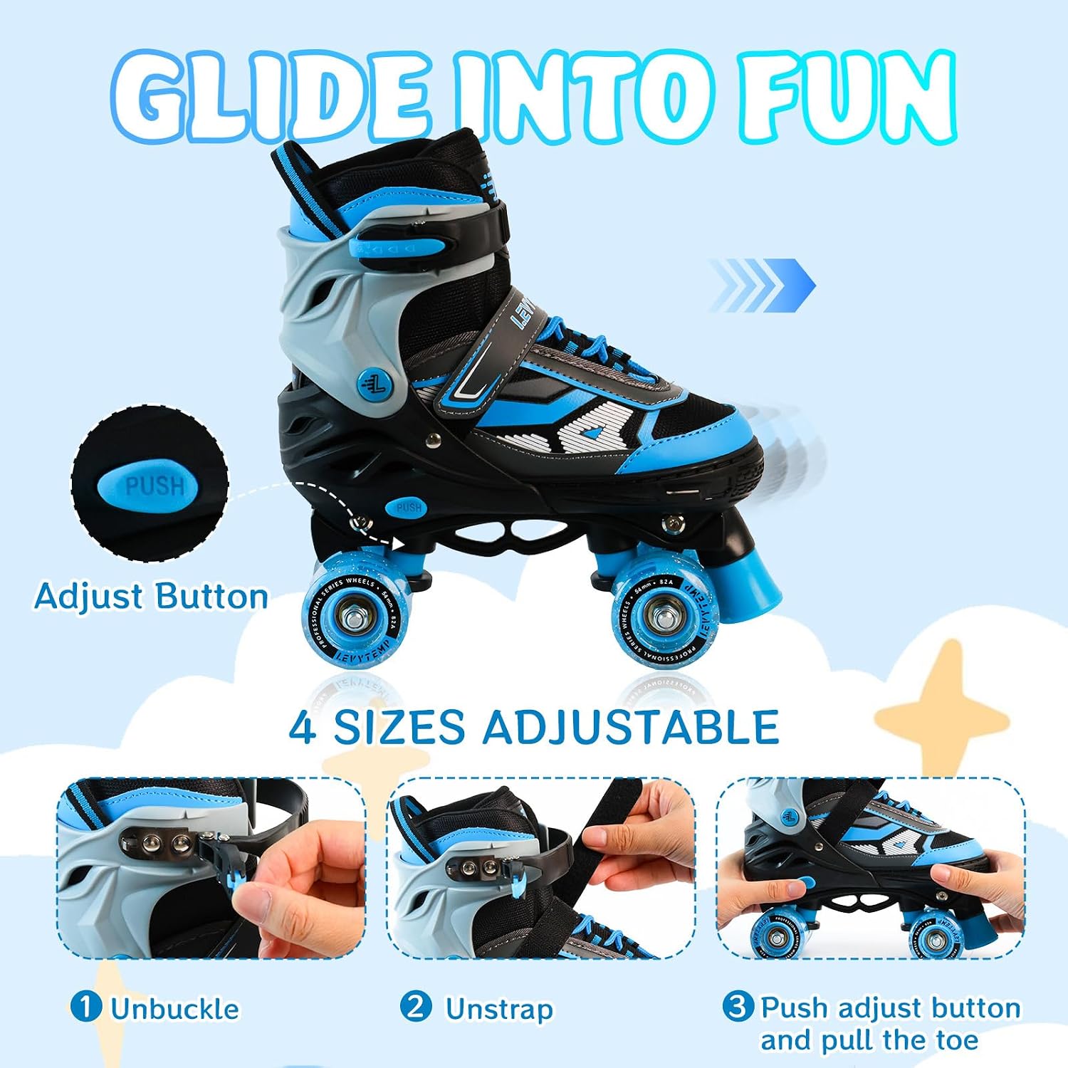 Roller Skates for Boys Girls Kids, 4 Size Adjustable Quad Skates with All Light Up Wheels for Beginners Indoor Outdoor Sports