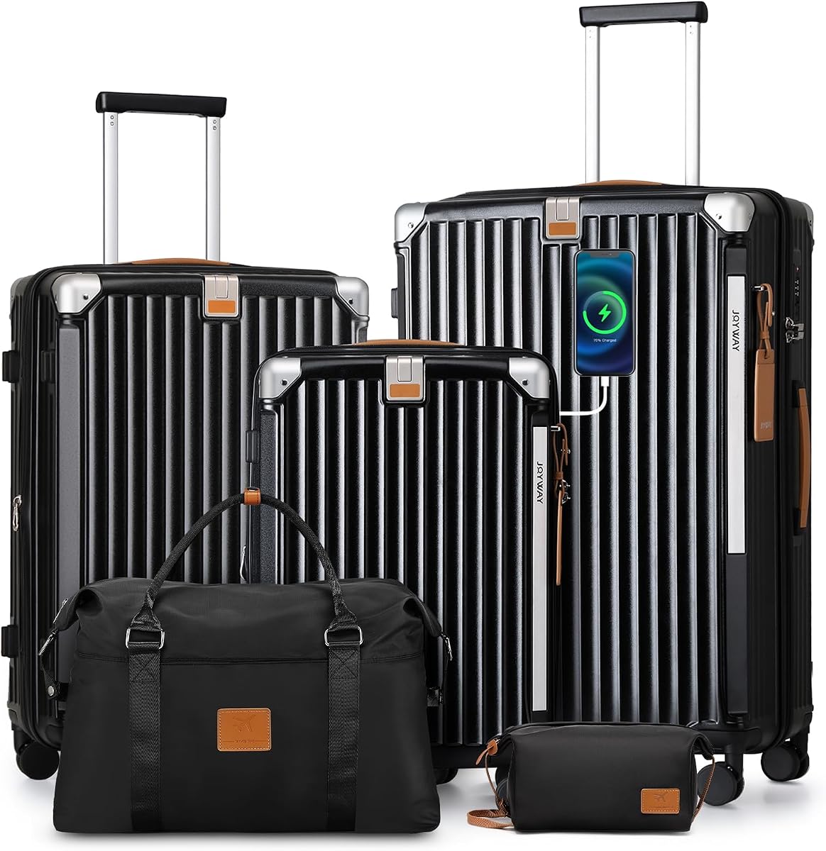 Joyway 5 Piece Luggage Set with Cup Holder, Expandable 25% Capacity, Includes Handbag, Anti Slip Wheels, Hook, Smart Carry On Suitcase for Men and Women, Spinner Travel Black