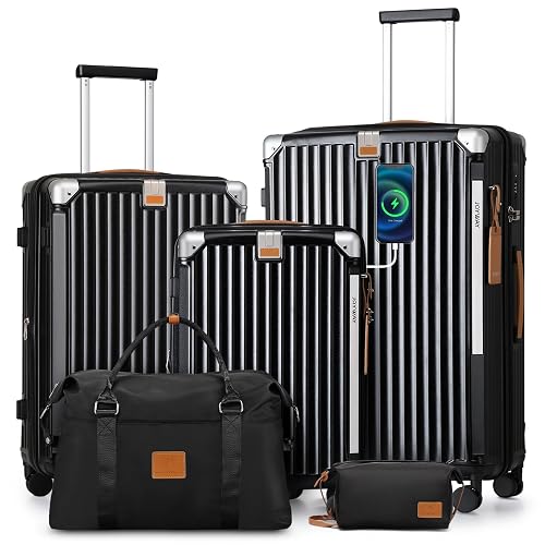Joyway 5 Piece Luggage Set with Cup Holder, Expandable 25% Capacity, Includes Handbag, Anti Slip Wheels, Hook, Smart Carry On Suitcase for Men and Women, Spinner Travel Black