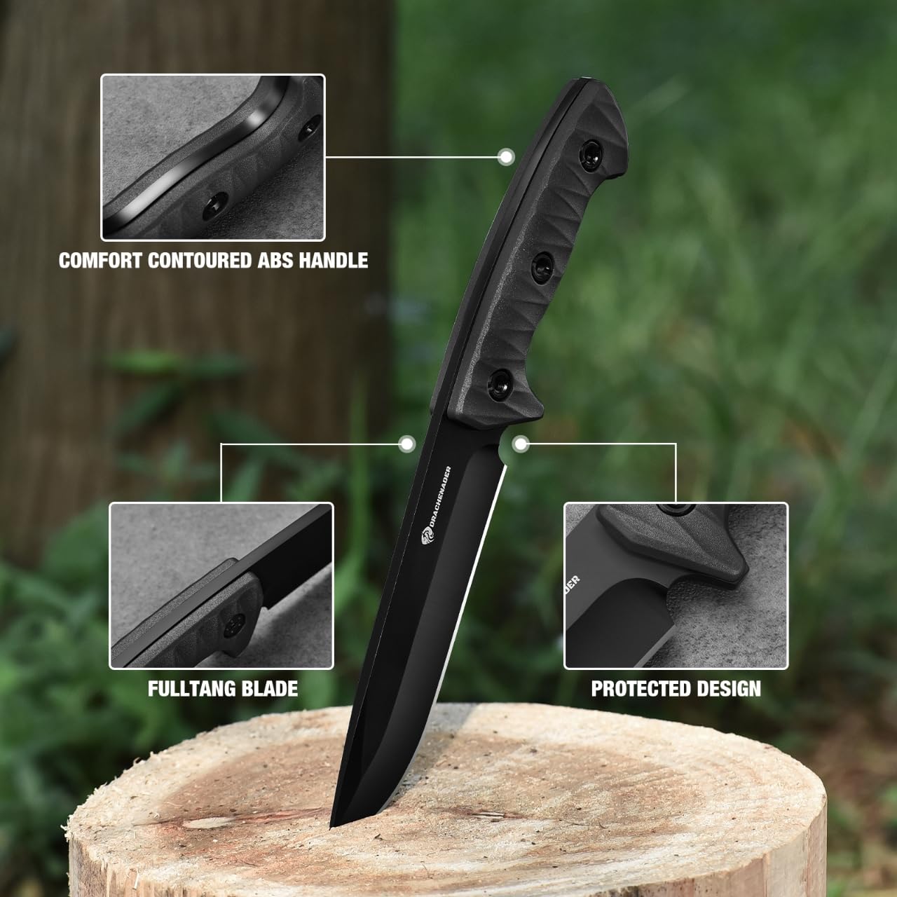 DRACHENADER XR-B01 Coltello da caccia con fodero - Full Tang Outdoor Messer, lunghezza totale 25,7 cm, manico in ABS, Full-Schwarz, Può essere indossato incrociato sulla cintura