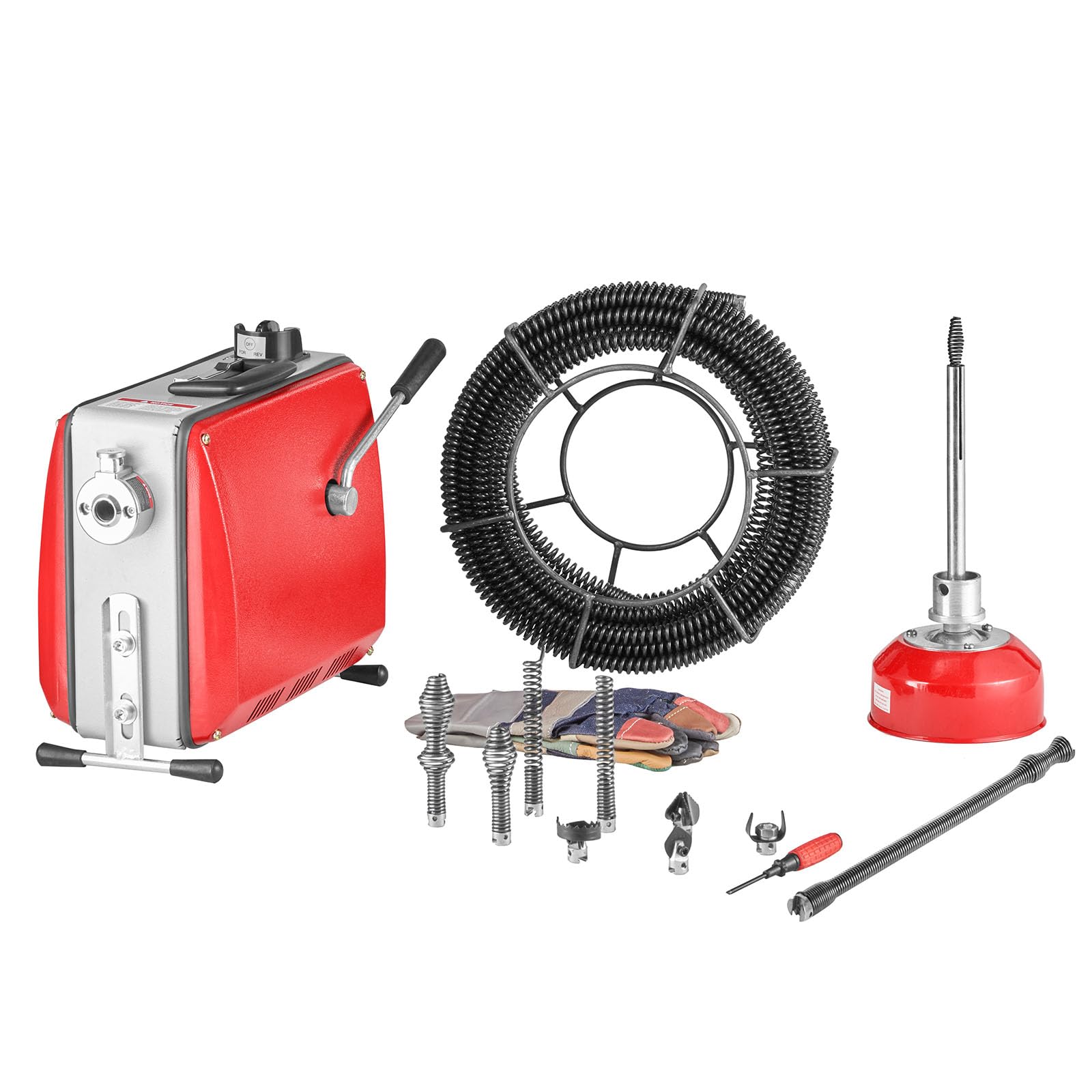 VEVOR Desatascador de Tuberías Eléctrico 500 W 1400 RPM con Cable de Resorte de 20 m x 16 mm, 0,4 m x 16 mm, 5 m x 9,5 mm y 8 Cabezales de Limpieza, Apto para Tuberías de 50 a 110 mm de Diámetro