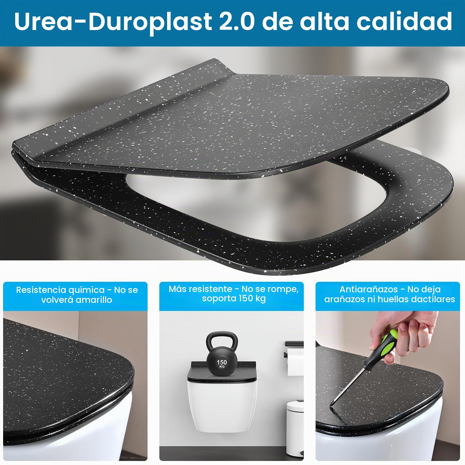 Tapa Wc Forma Cuadrado Ultrafino [CORTO], Asiento de Inodoro Cuadrado con Cierre Suave y Liberación Rápida para una Fácil Limpieza,Universal para Inodoros de Forma Cuadrada, Negro