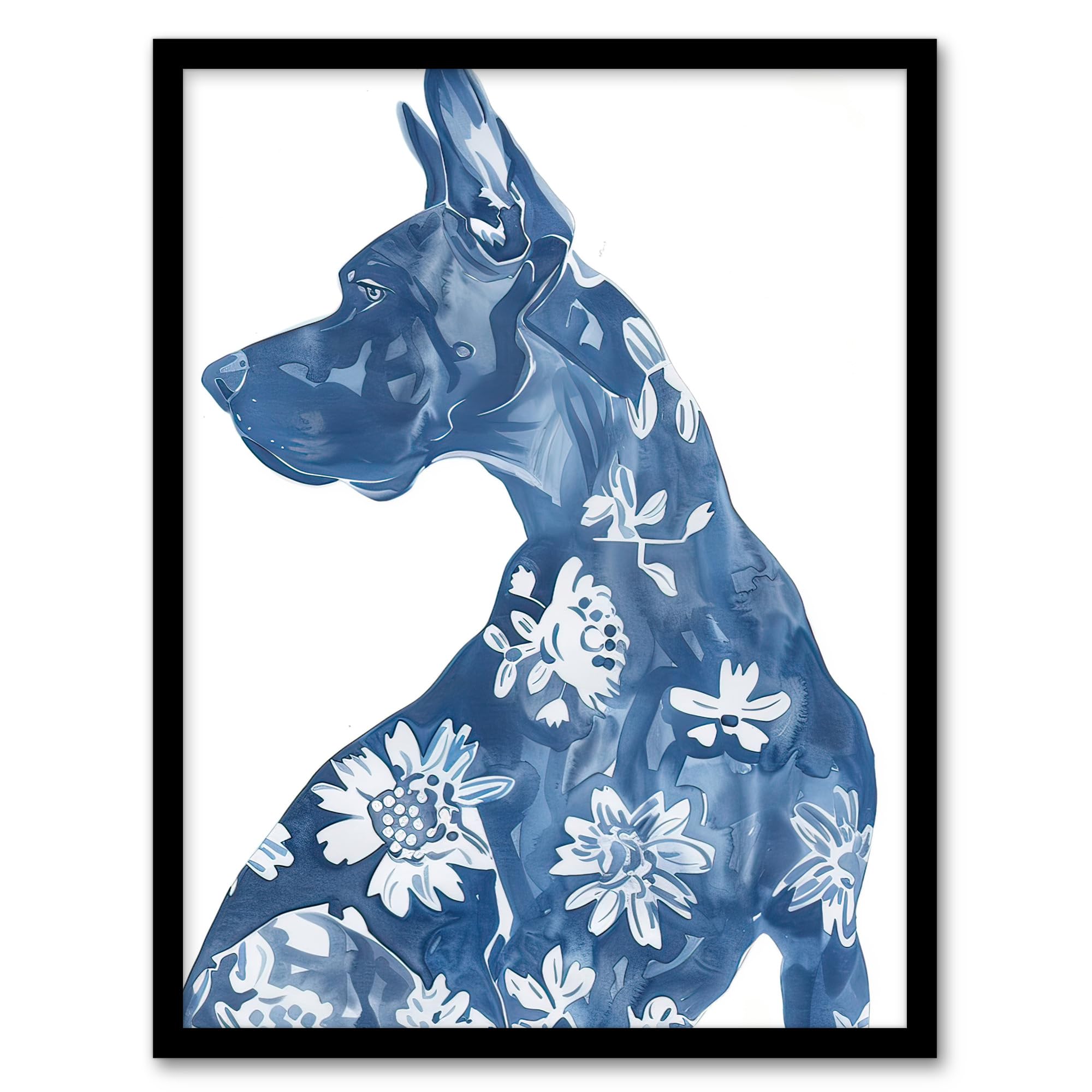 Artery8 Dog Lover Blue Great Dane with Floral Pattern Living Room Artwork Framed Wall Art Print A4