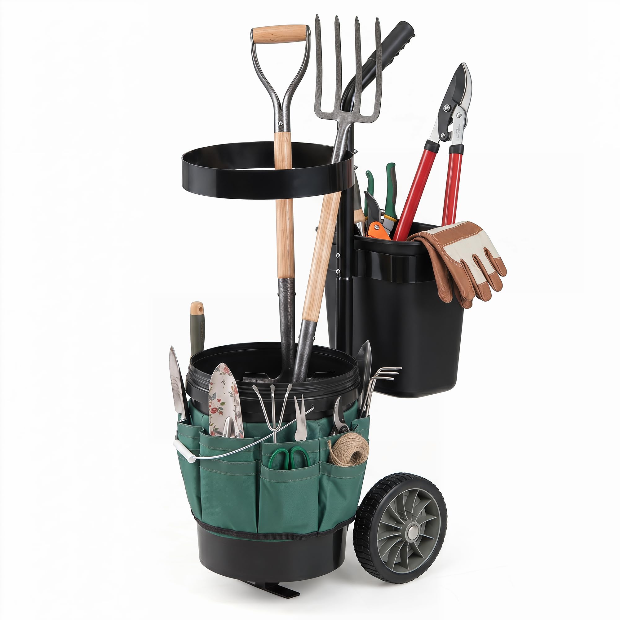 GYMAX Carro de Jardín para Herramientas, Carrito de Transporte con Ruedas, Cubo Redondo de 20 L, Cubo Rectangular de 5 L y Bolsa de Tela Oxford, Carretilla Portátil Porta Utensilios de Jardinería