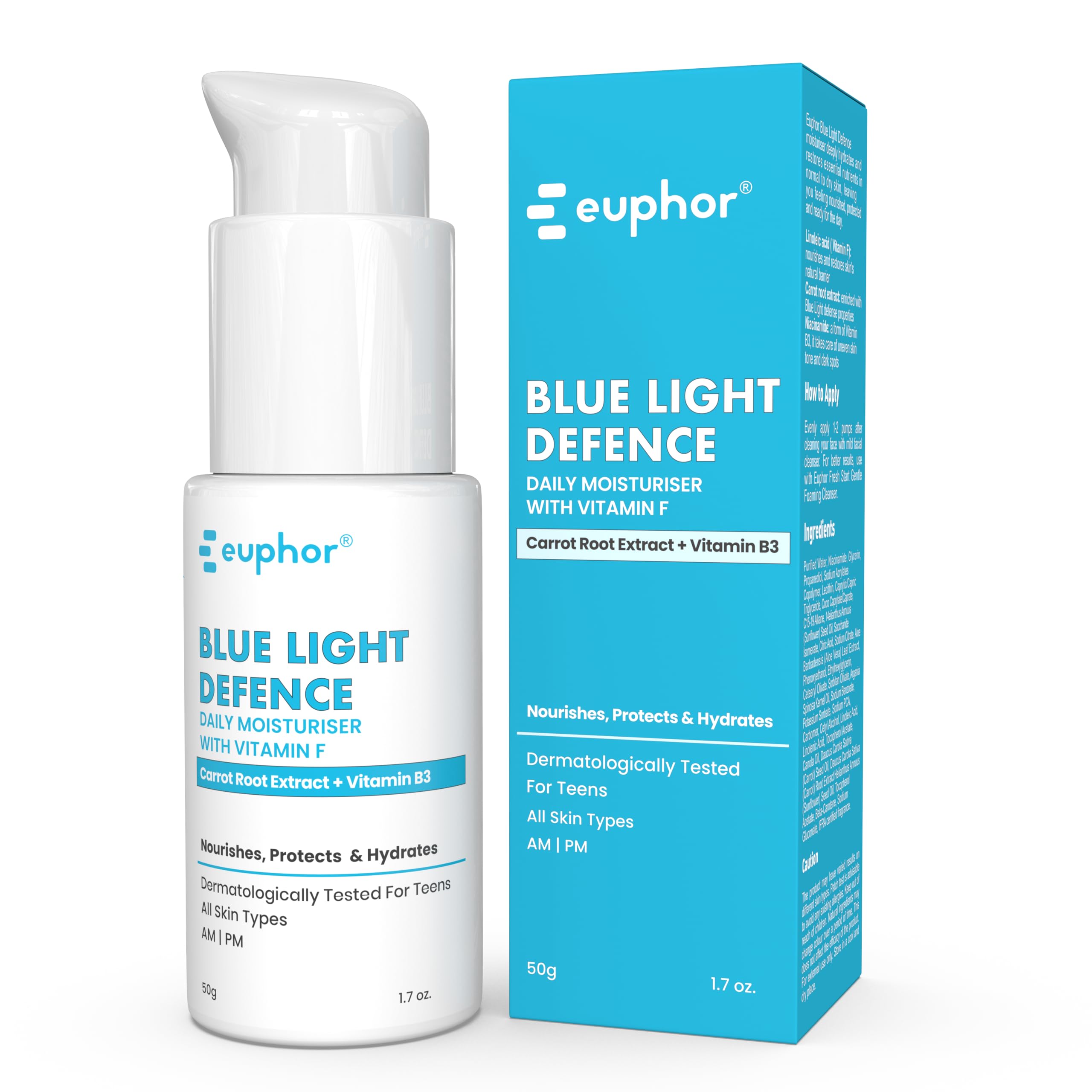Euphor Teens | Daily Light-weight Moisturizer- Blue Light Defence | Protects, Nourishes and Hydrates | Niacinamide, Vitamin F, Carrot Root Extract | All Skin Types | PEG-free, No Parabens and Sulphates | 50g | For Women and Men