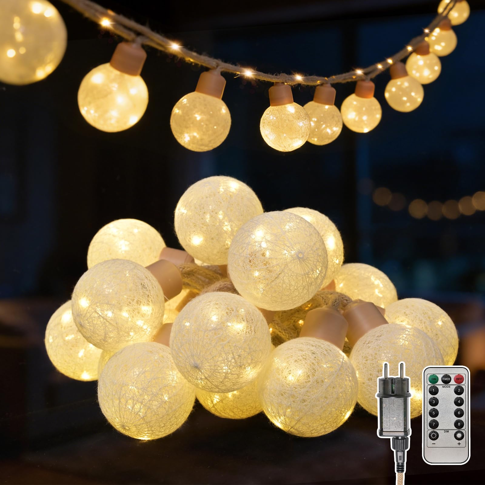Guirlande lumineuse d'extérieur/d'intérieur avec prise, 8 m, 16 ampoules, 8 modes, intensité réglable, guirlande lumineuse à ampoules LED sphériques avec télécommande et minuterie, guirlande lumineuse