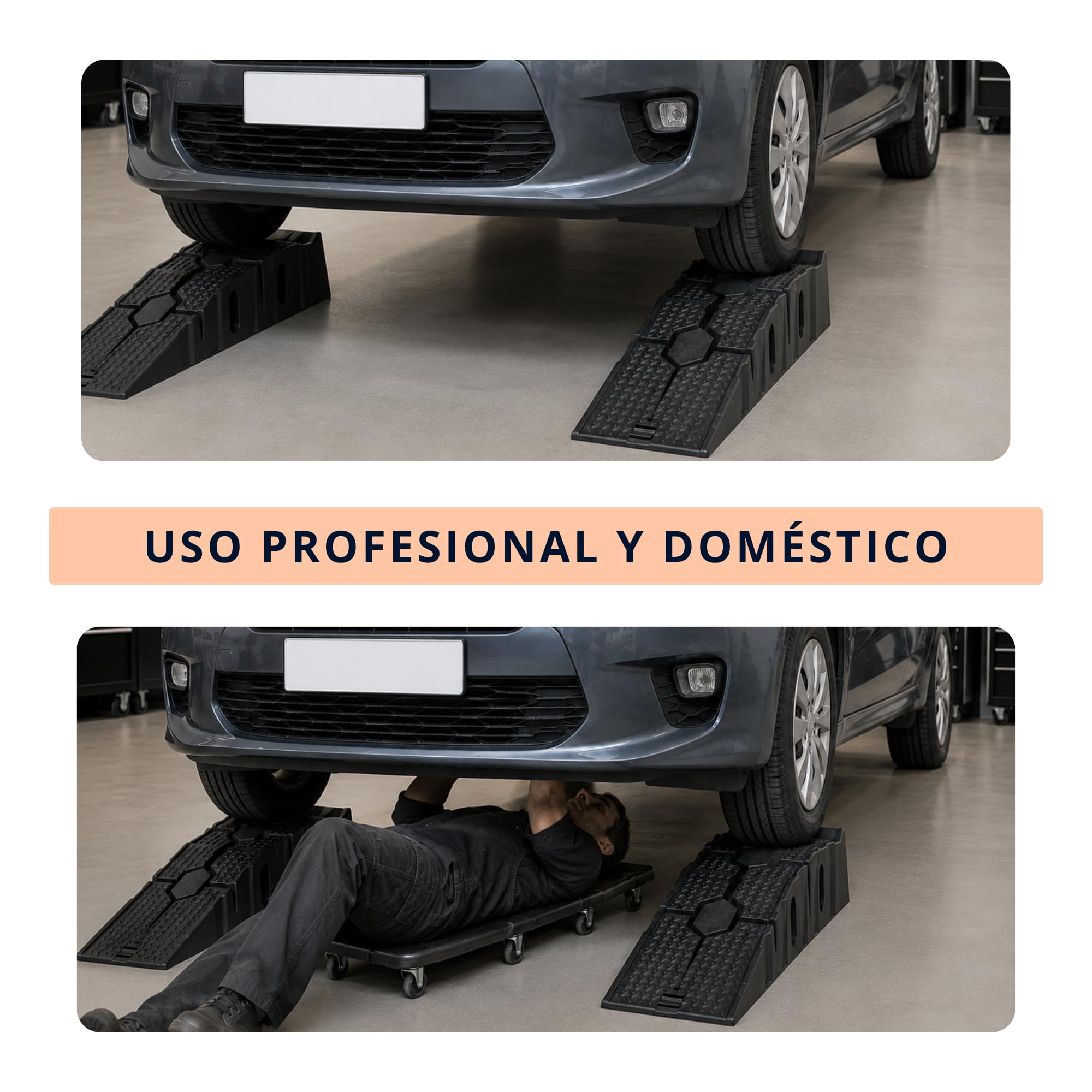 Rampas Elevadoras para Coche, Juego de 2, Plástico Composite, Capacidad 2,5 Toneladas, Antideslizantes, con Tope de Seguridad, para Talleres y Garajes