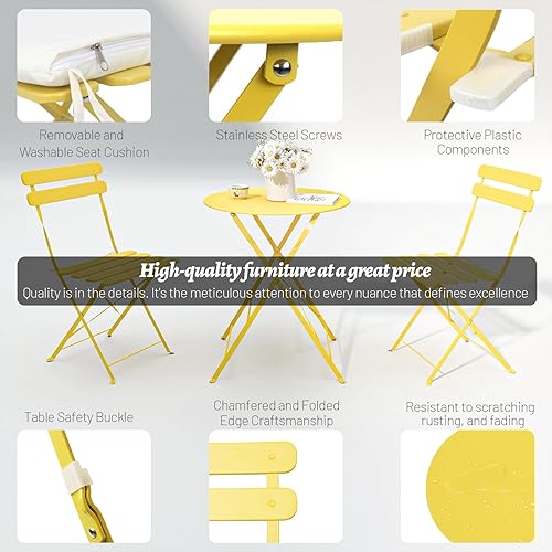 Miniatura 6 de Juego de 3 piezas de muebles de patio para exteriores, mesa y sillas plegables con marco de acero de primera calidad, resistente a la intemperie,