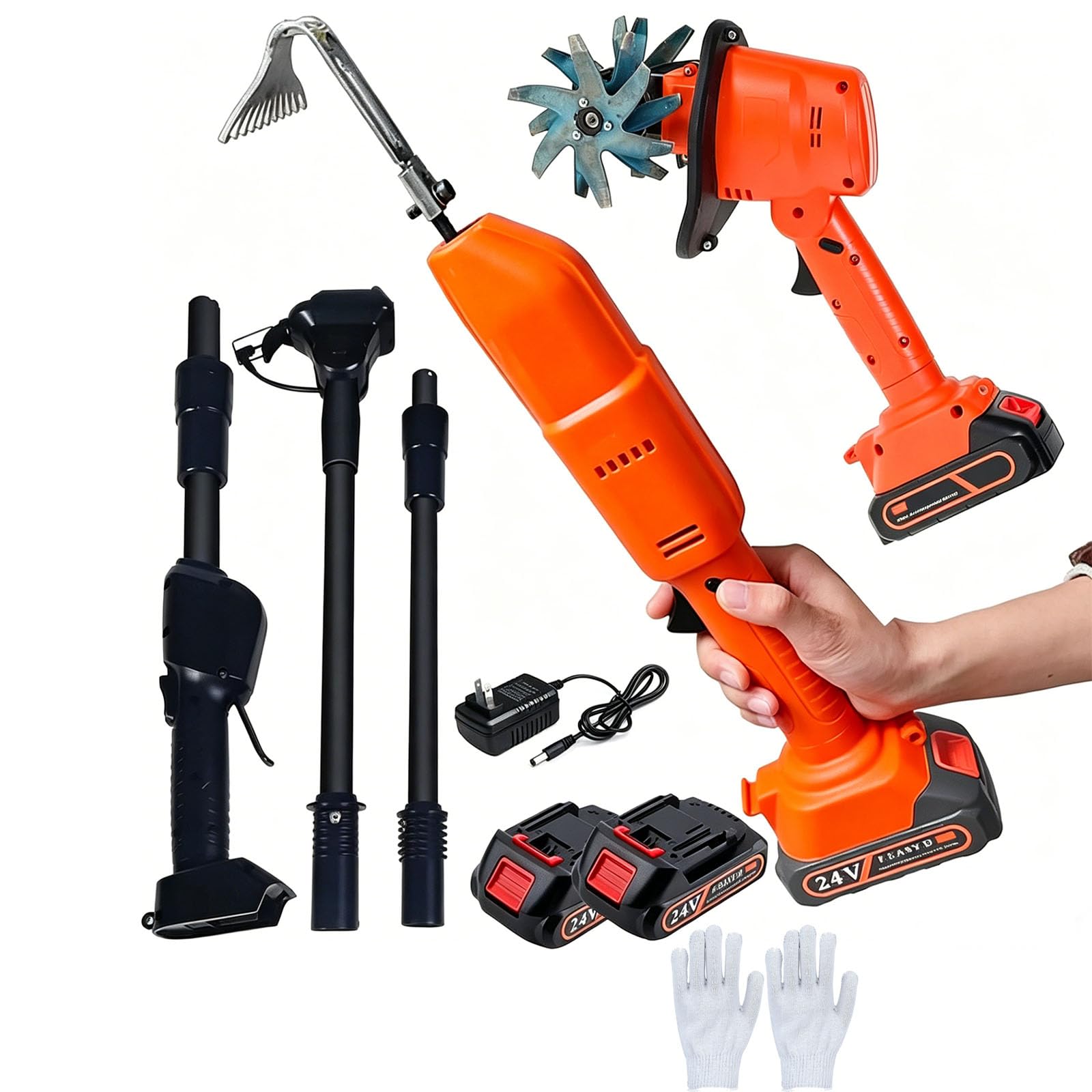 Extracteur de mauvaises herbes électrique, houe de cultivateur de jardin sans fil avec poteau télescopique, 2 batteries et gants, houe électrique 2 en 1 pour ameublir le sol, pelouse, jardin, cour