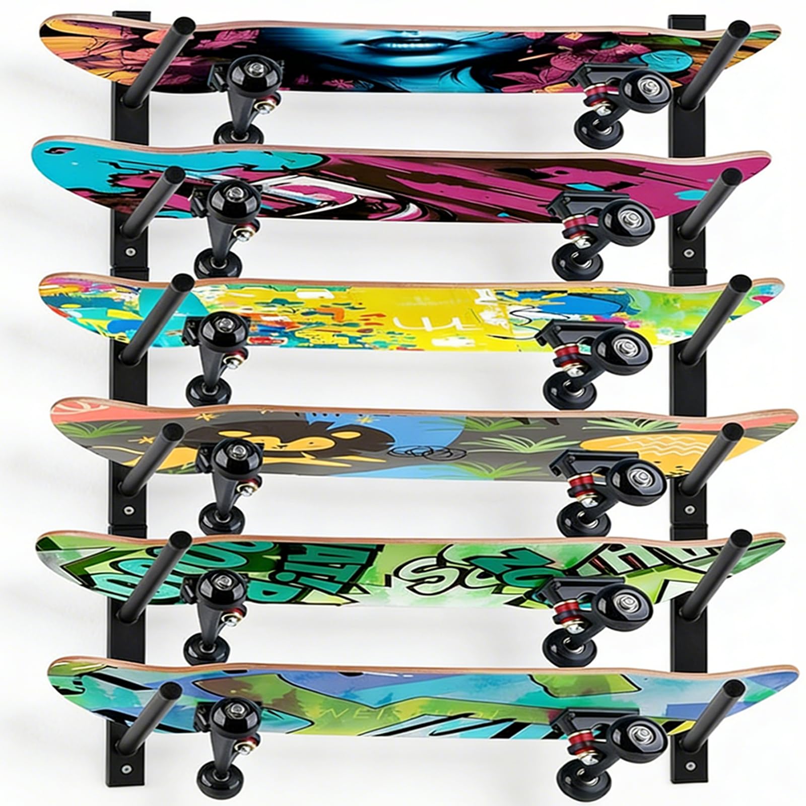 Support Mural pour Skateboards, Porte-Skateboards à 6 Niveaux étagère en Acier Noir Support De Rangement Mural Universel pour 6 Skateboards Longboards Snowboards Et Wakeboards