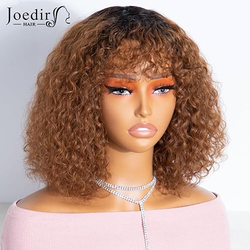 Miniatura 4 de JOEDIR HAIR Peluca corta rizada con flequillo color marrón degradado peluca de cabello humano ondulado de 12 pulgadas para mujeres negras densidad