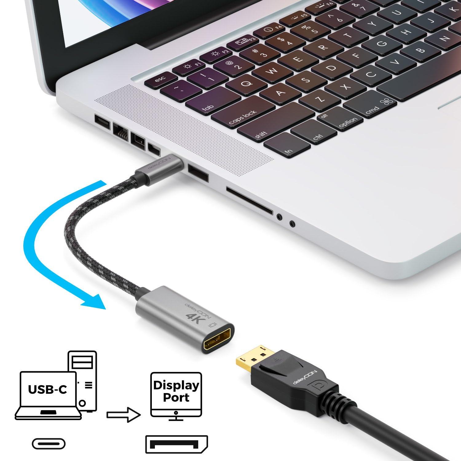 DeleyCON 2m USB C Naar DisplayPort Kabel  4K @60Hz, 2K @165Hz  Voor Monitoren Mst Thunderbolt 3 4 Iphone 17 16 15 Notebook Macbook Ipad Pro Air Galaxy S25 S24 3154435629