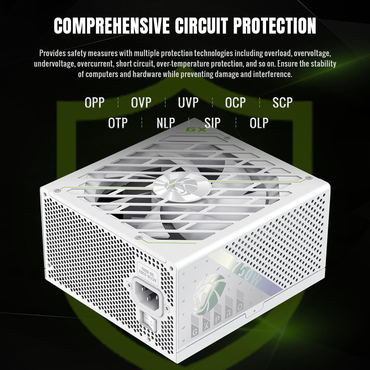 GAMEMAX GXPRO 750G WH Zasilacz PC 750W biały, W pełni modułowy, ATX 3.1 PCIe 5.1 z złączem 12V-2×6, 80 Plus Gold, Japońskie kondensatory 105°C, 7 obwody ochronne, 10-letnia gwarancja