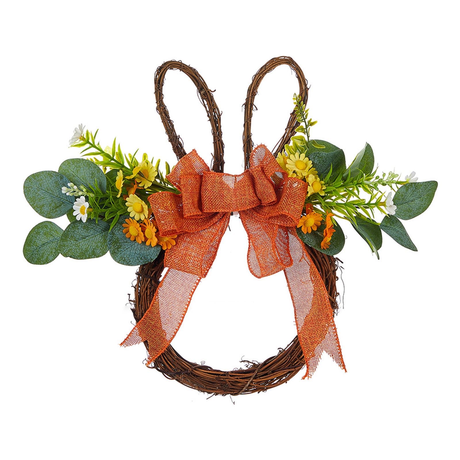 carotoe Wreath with Rabbits and Flower Unique Spring Rabbits Wreath Colorful Eggs Garlands with Flowers and Bowknot Artificial Flower