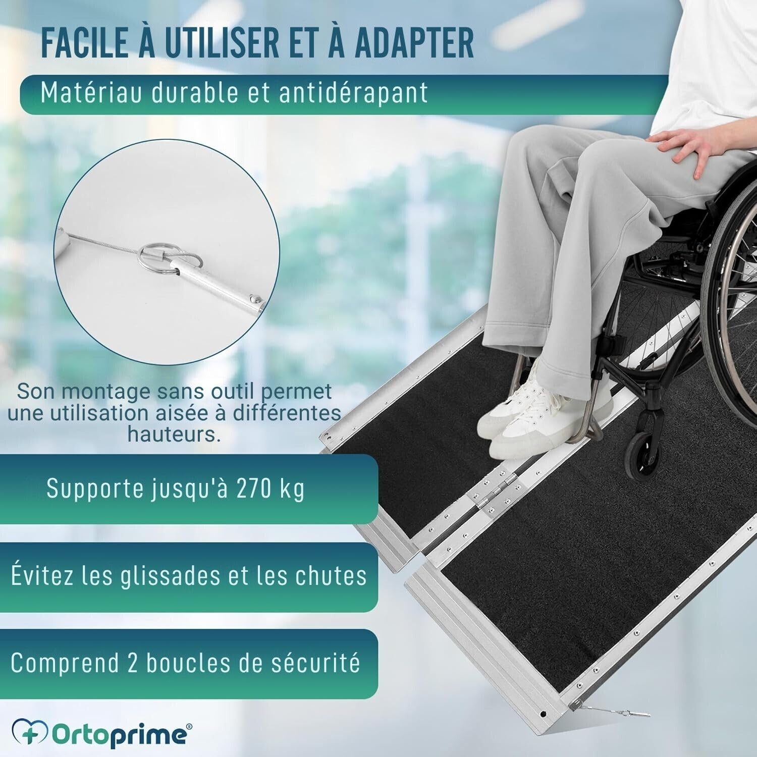 OrtoPrime Rampe Fauteuil Roulant Pliable et Portable Rampe PMR Antidérapante Charge Jusqu’à 270 kg