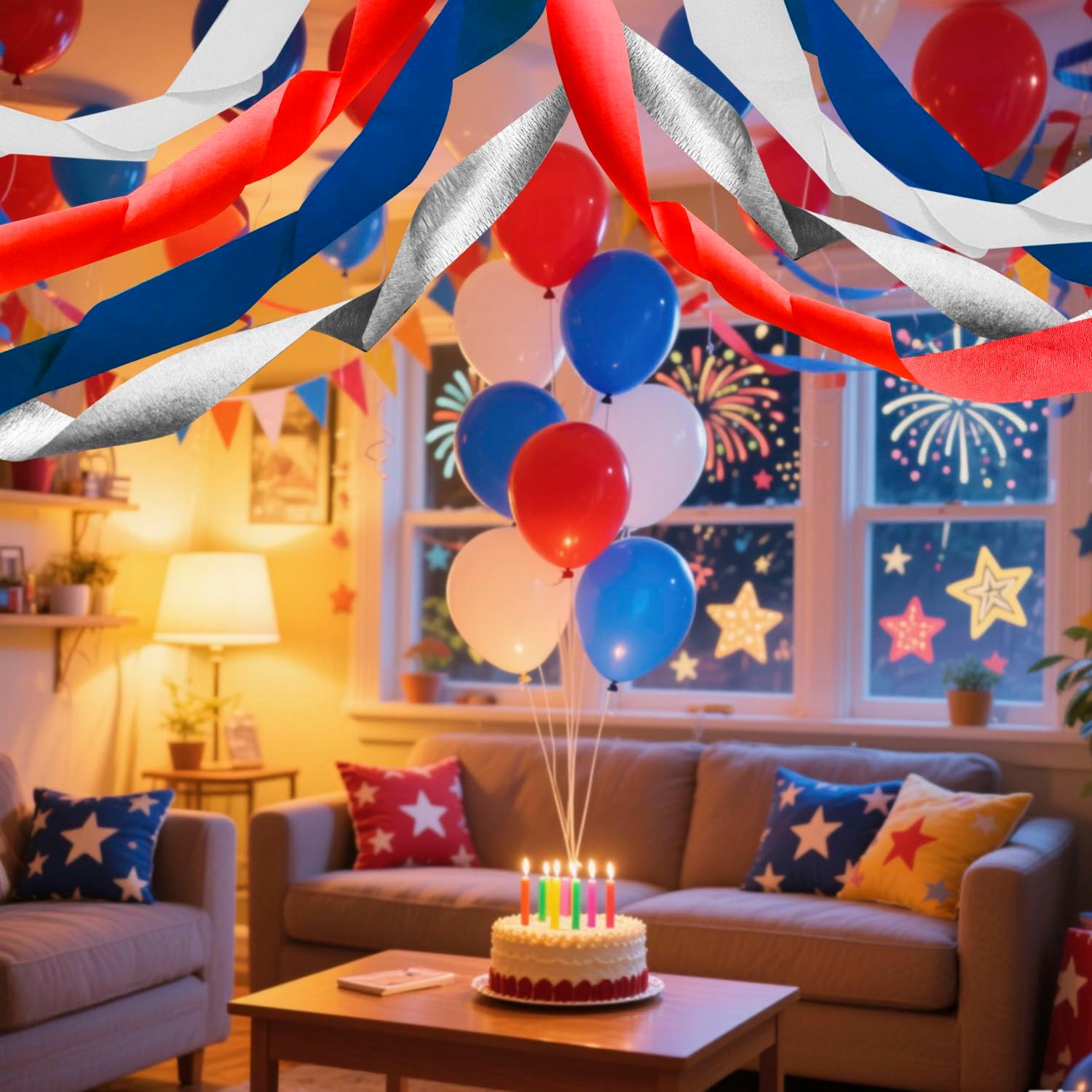 FUGUIR 4 Rolls Patriotic Crepe Paper Streamers Red White Blue Silver Craft Party Streamers Garland Hanging Backdrop Decorations for 4th of July Independence Day (1.77 Inch x 82 Ft/Roll)