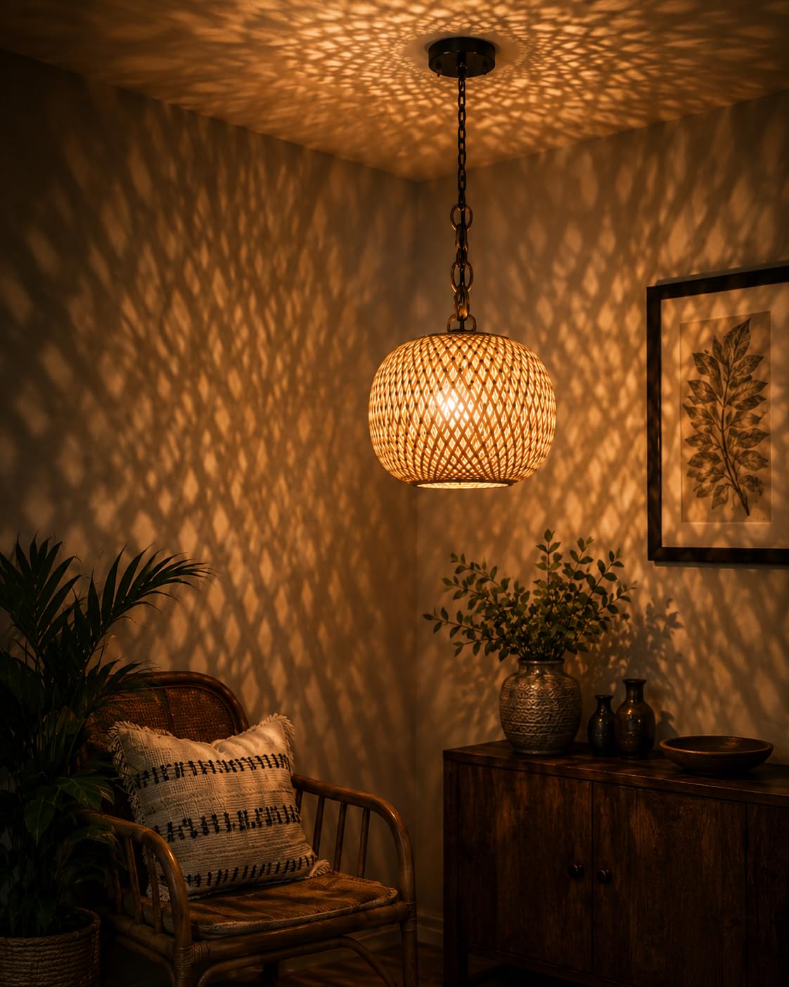 Bamboo Rattan Cane Pendant Lamp Shade, Beige, 22x22 Cm | Boho Style, Hanging Light, For Home Office/Living Room/Hotel/Cafe/Restaurant-image-48