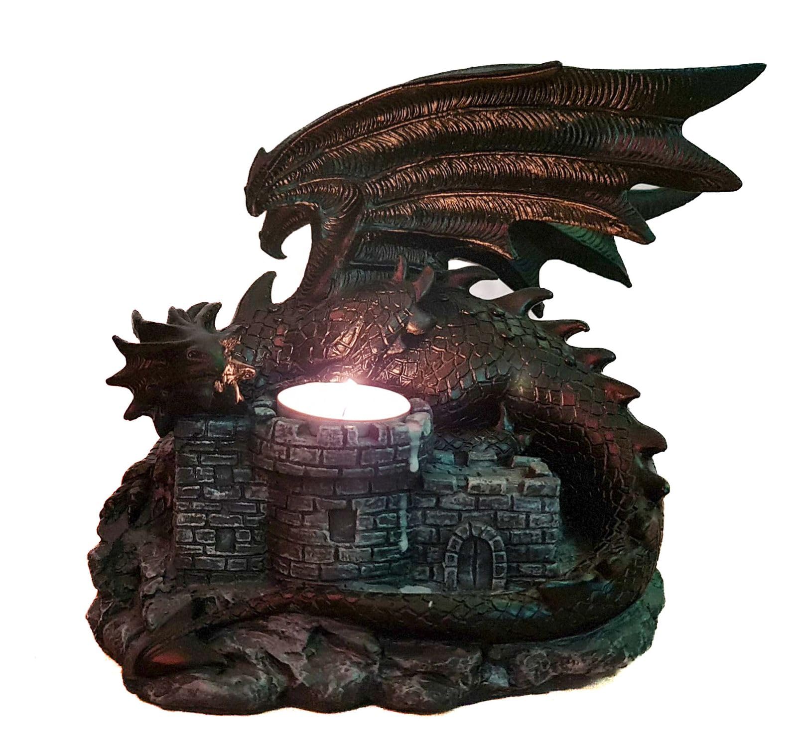 Kremers Schatzkiste XXL Tea Light Holder Dragon Castle - Dragon Guard Figure Gothic - Fantasy Decoration - Candle Holder Medieval Sculpture Gift - 18 x 19 x 15 cm Polyresin