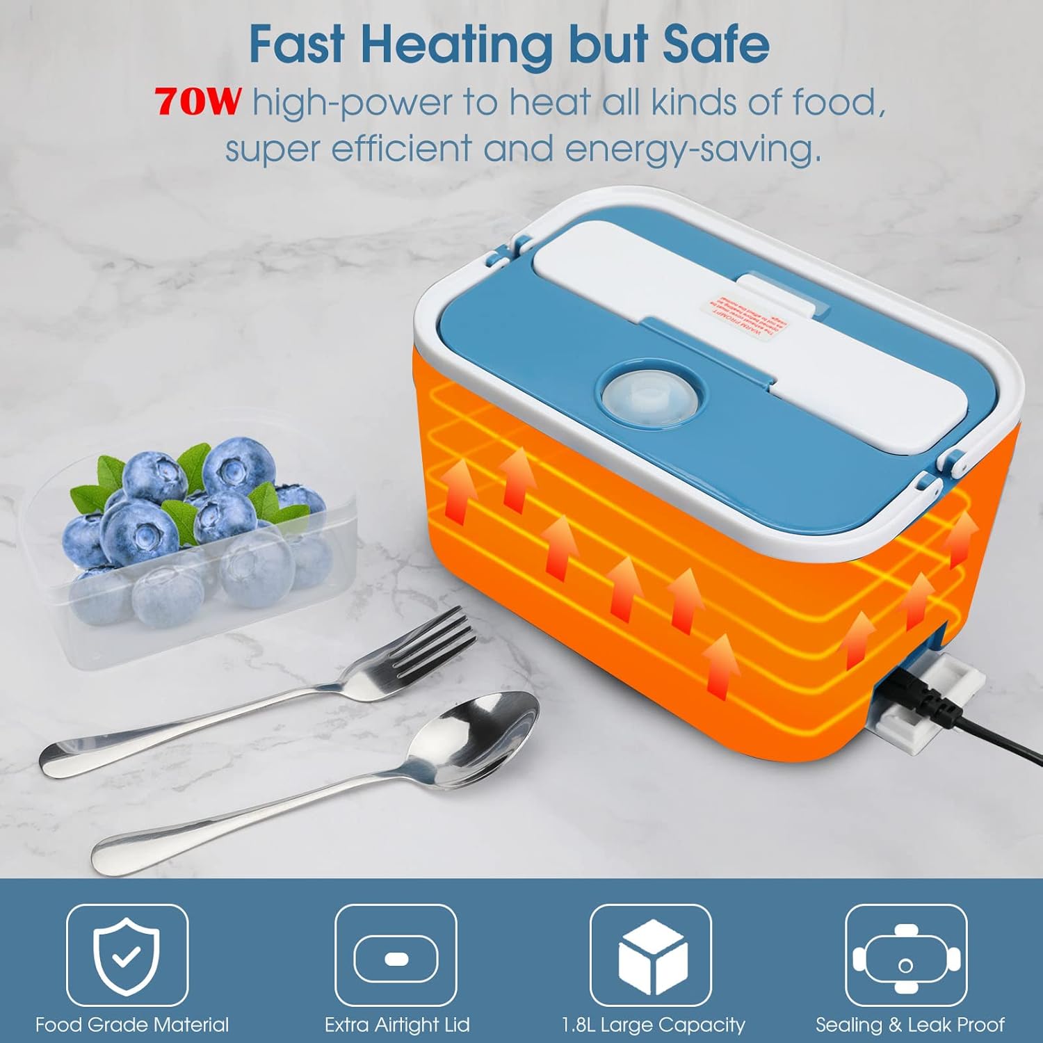 Kabbas Electric Lunch Box Food Heater with Airtight Lid 70W Leakproof Portable Heated Lunch Boxes for Adults Car Truck Work, 12/24V&110/220V Self Heating Lunch Box with 1.8L Removable Container: Home & Kitchen