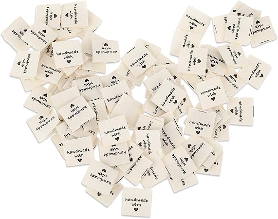 Jeffdad 100 Pcs Sewing Labels for Handmade Items, Handmade with Love Labels Embossed Tags Sew on Clothing, Fabric Labels for DIY Crafts Knitting Crocheting Sewing (Off White)