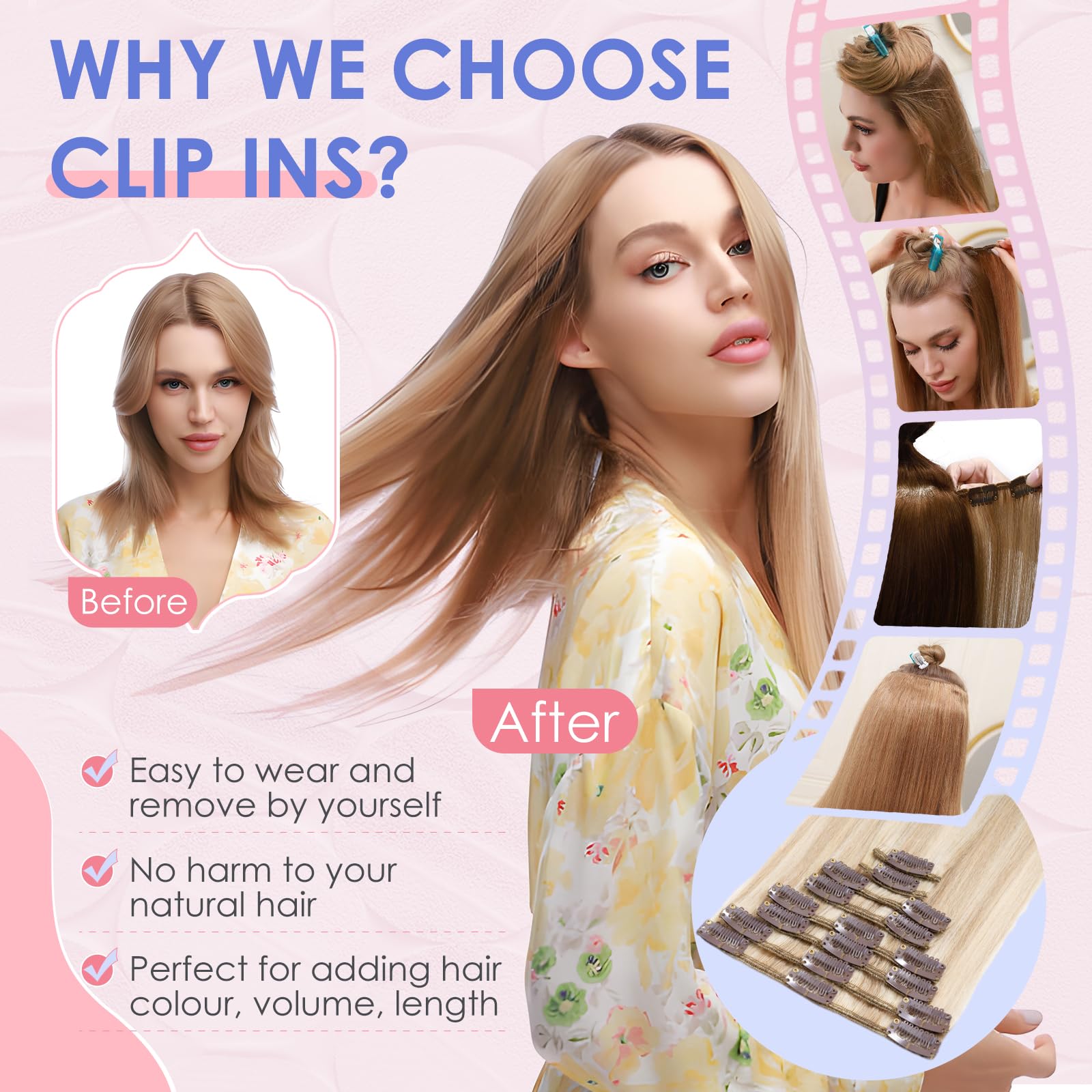 Elailite Clip in Hair Extensions Real Human Hair Remy Hair Full Head #4/27 Medium Brown Mix Dark Blonde 12 Inch 8 Pcs Invisible Thin Weft Highlighted - Image 2