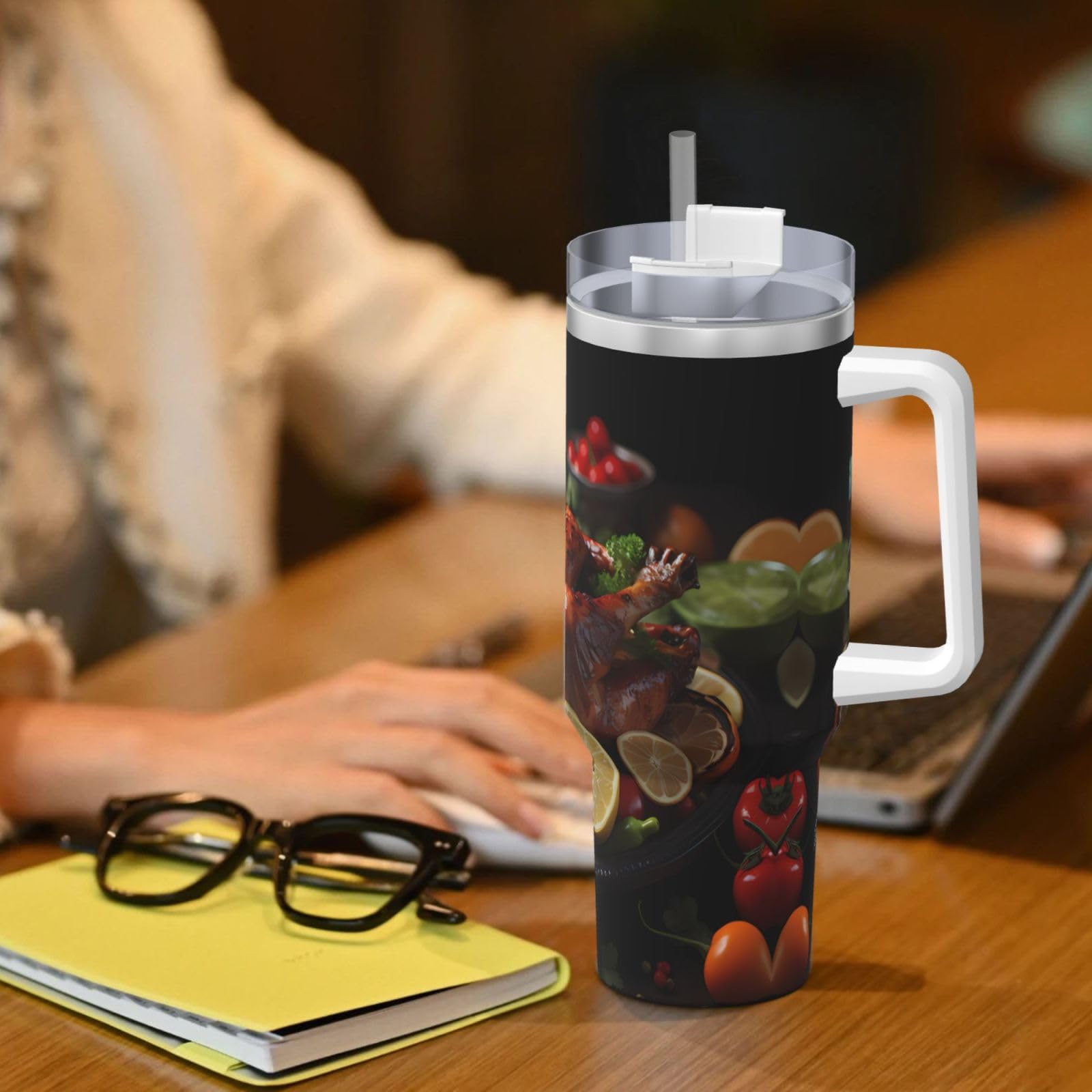 Tantalizing - Taza instantánea de doble pared impresa de pavo asado de 40 onzas con tapa de asa y pajita, adecuada para batidos de agua, batidos y batidos