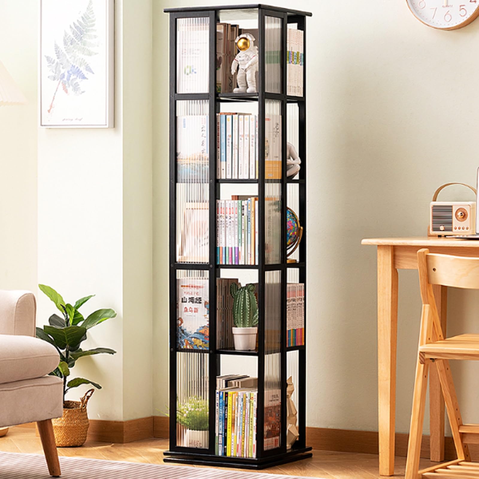 Libreria Rotante ZZV In Legno Massello - Scaffale Girevole 360° Con Ruote E Cassetto Per Casa E Ufficio - Foto 6