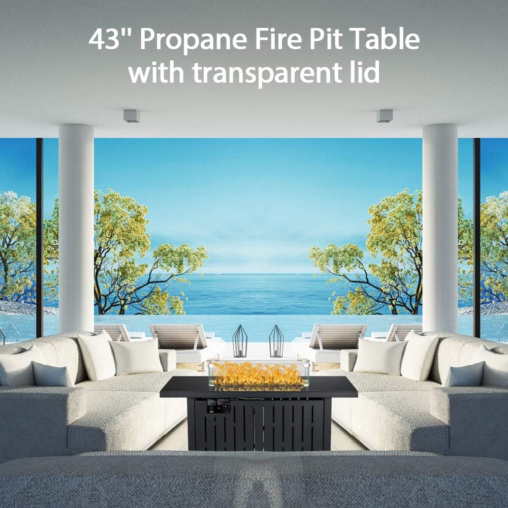 43 in Propane Fire Pit Table,Fire Pit Table with Glass Wind Guard,60,000 BTU Auto-Ignition Gas Firepit,CSA Certification and Black Tempered Glass Tabletop ,for Outdoor, Patio, Lawn : Everything Else