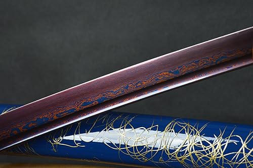 Miniatura 6 de Espada samurái japonesa afilada real de hoja de acero doblada azul hecha a mano Katana de espiga completa