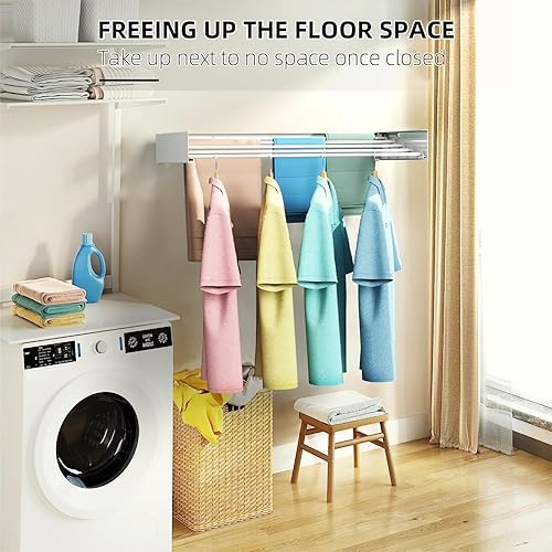 Miniatura 6 de Estante de secado de ropa plegable, para montar en la pared, estante de secado plegable, ahorro de espacio, 31.5 pulgadas de ancho, 13.2 pies