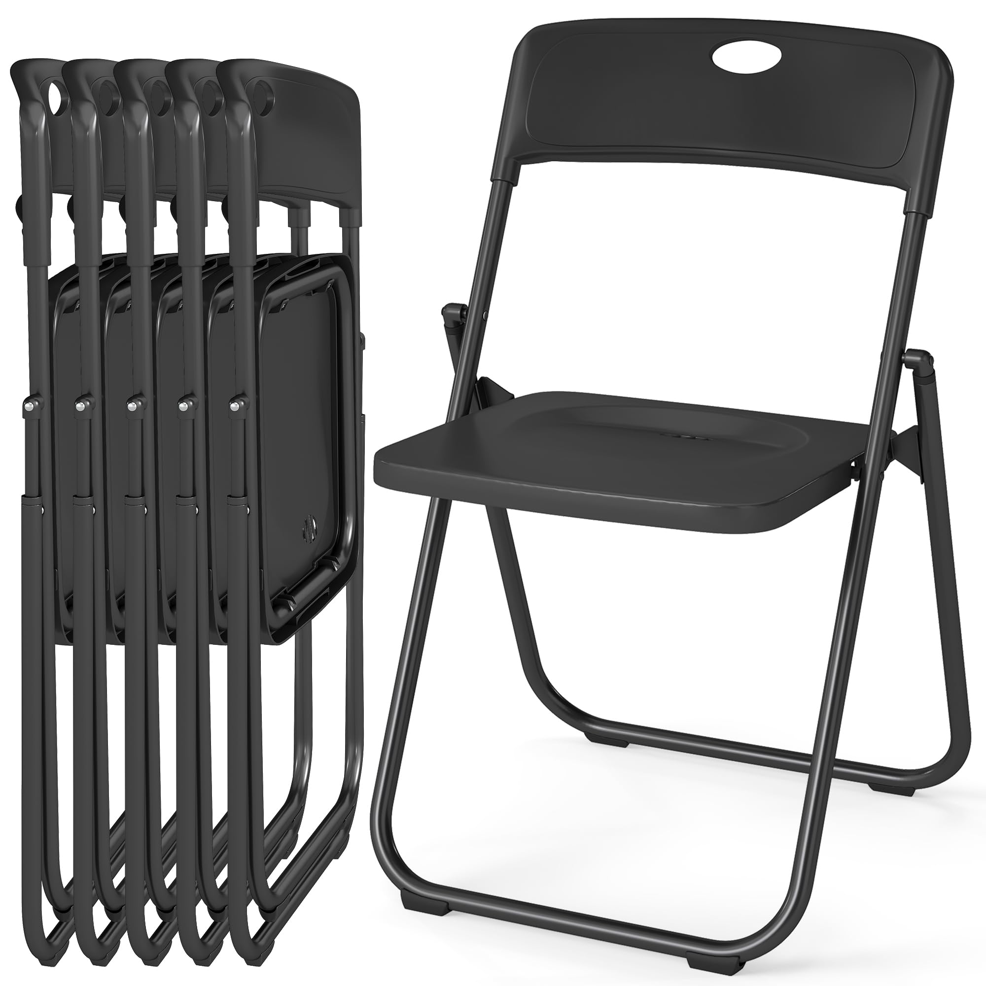 Sedie Pieghevoli di Plastica con Robusto Telaio in Acciaio, Portata Fino a 160 kg, Sedia Pieghevole per Soggiorno, Esterno, Campeggio, Balcone, Cucina, Ufficio, Set di 6, Nero