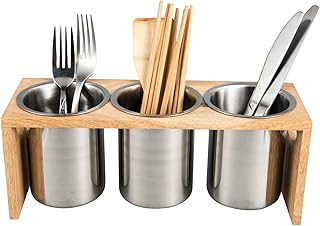 IMEEA Silverware Caddy Flatware Holder Stainless Steel Utensil Caddy Organizer with Wood Base for Countertop Parties Kitchen
