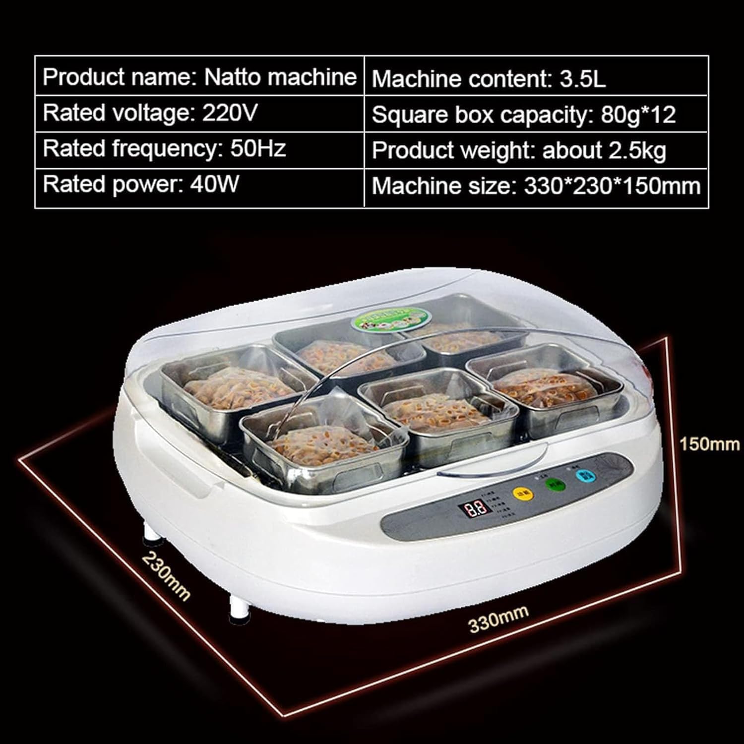 Máquina de fermentación eléctrica para yogur, natto y postres con control inteligente, 8 litros