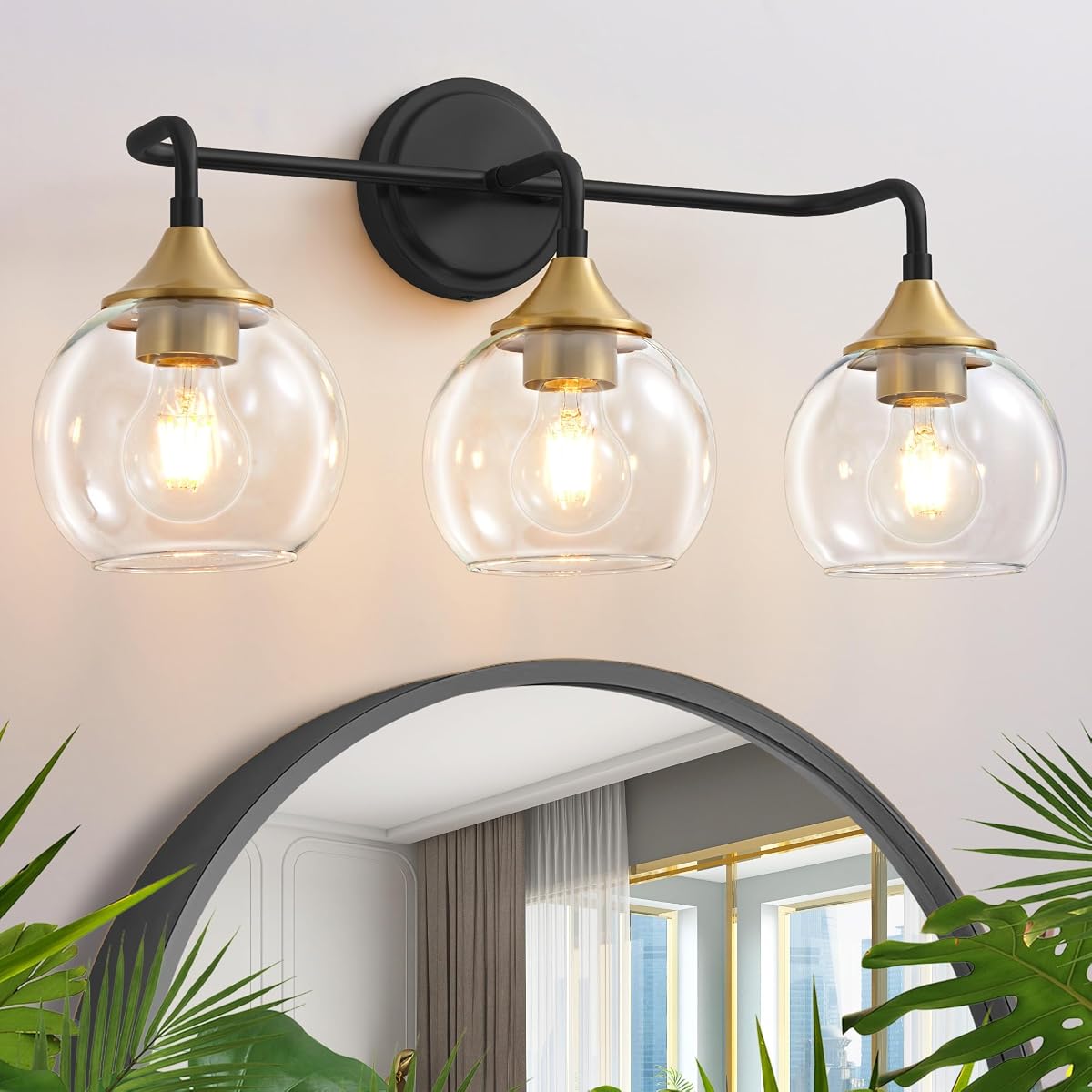 Gednbo 3-Light Bathroom Vanity Light Fixture, Black and Gold, Clear Glass
