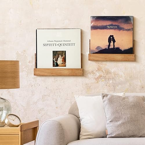 Miniatura 2 de MyGift Estantes de almacenamiento de discos de vinilo de madera de acacia natural de alta calidad montados en la pared, soporte para discos LP,