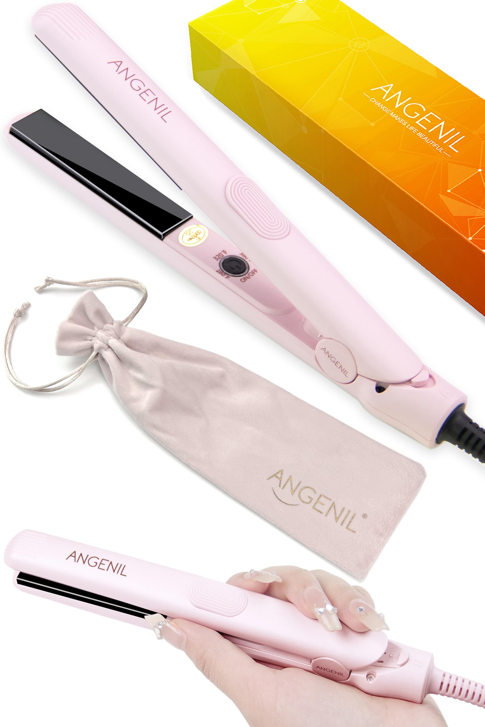 ANGENIL Pro Ultra Mini Flat Iron for Short Edges, Travel Hair Straightener and Curler 2 in 1, Small Dual Voltage Hair Straightening Ceramic Flat Iron