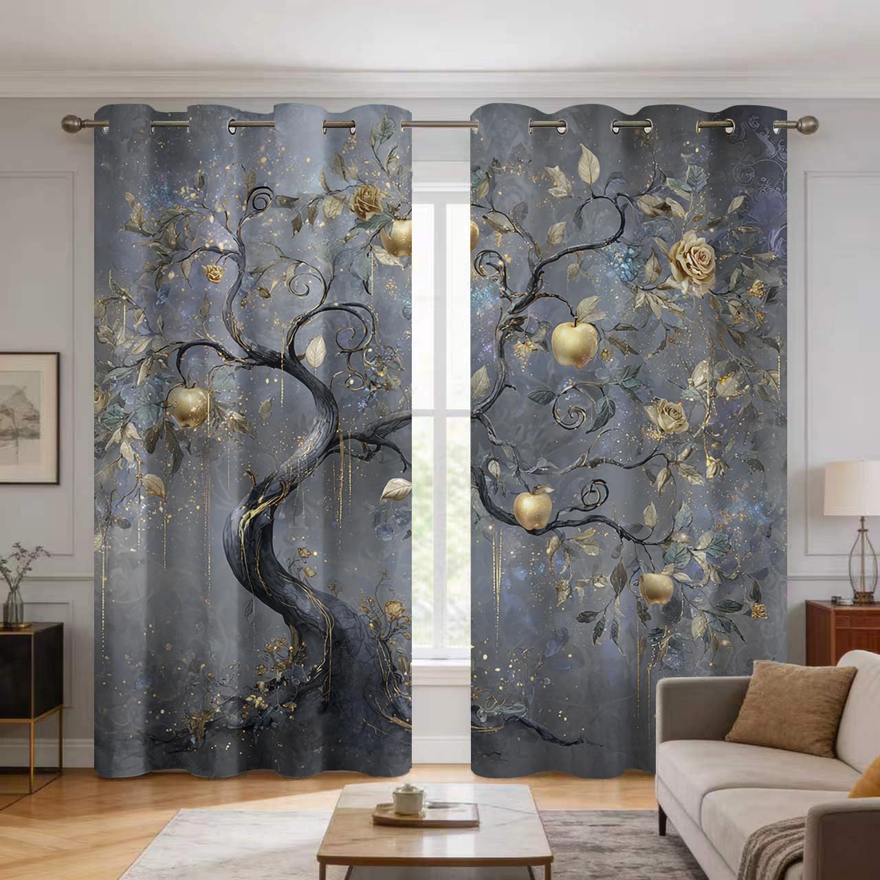 Rideaux motif gris doré arbres isolants contre la lumière