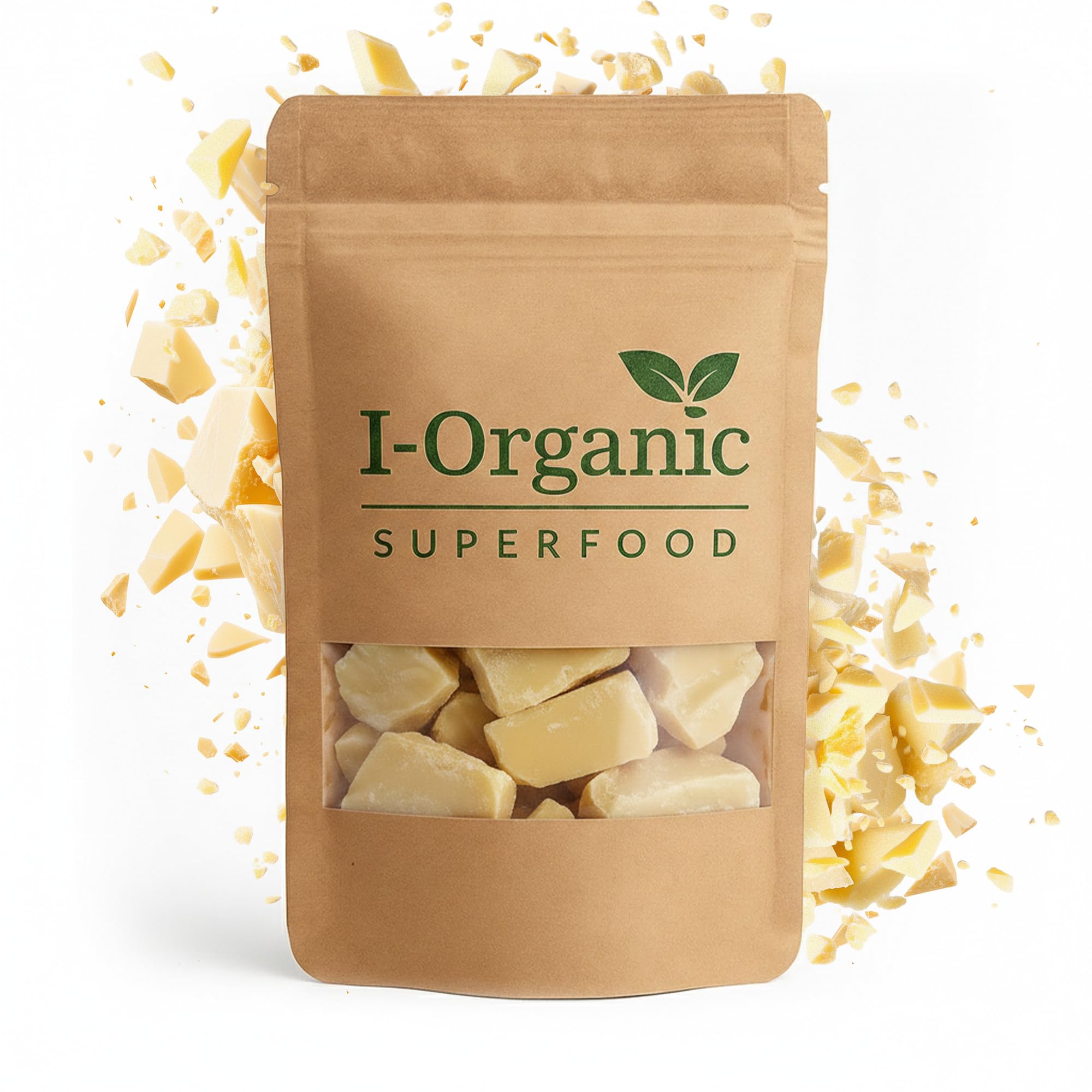 I-Organic Manteca de cacao no refinada 100% de Colombia, Comestible, Cosmético natural hipoalergénico, Hidrata y regenera la piel, Protege contra los rayos UV, Larga vida útil, 500g