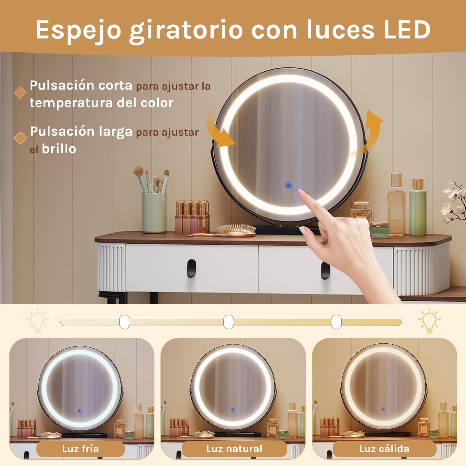 WOLTU Tocadores Maquillaje, Mesa tocador, con Espejo Redondo, Luz Regulable en 3 Niveles, Tocador con Cajonera de 5 Cajones, Marrón Naranja, MB6109hdob
